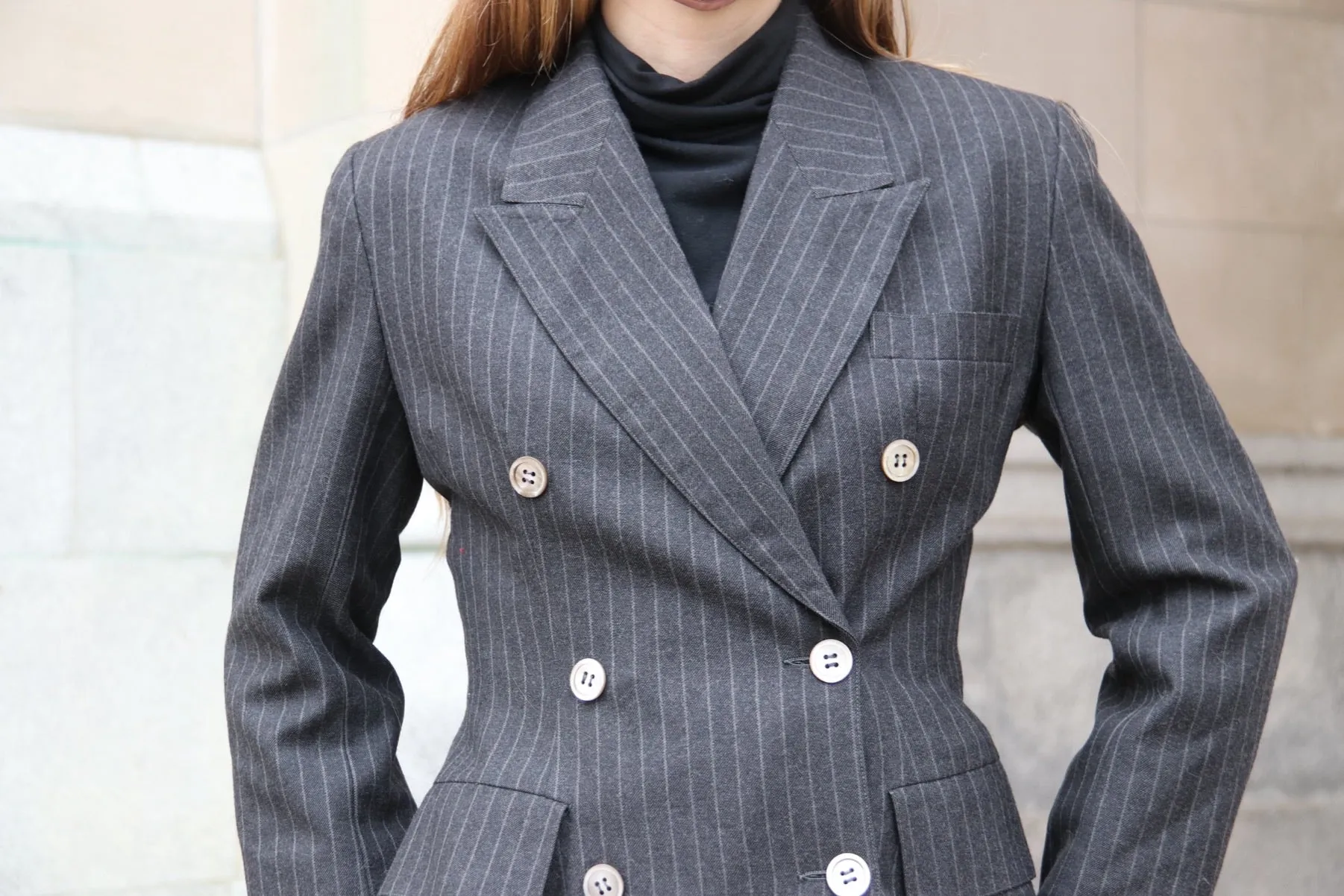 80s Pinstriped Double-Breasted Peak Lapel Blazer - 2