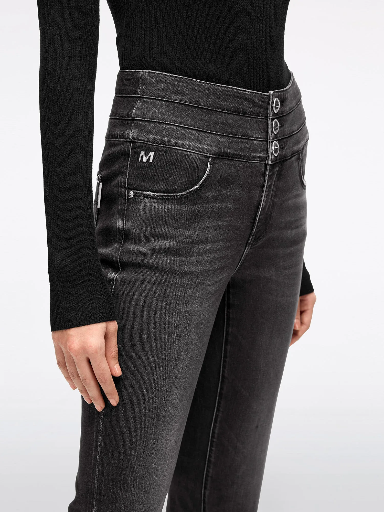 Acid Wash High Waisted Three Buttons Jeans