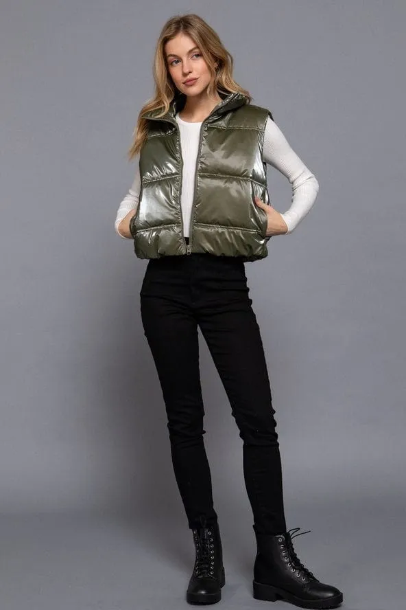 Active Basic High Neck Zip-up Vest in Olive