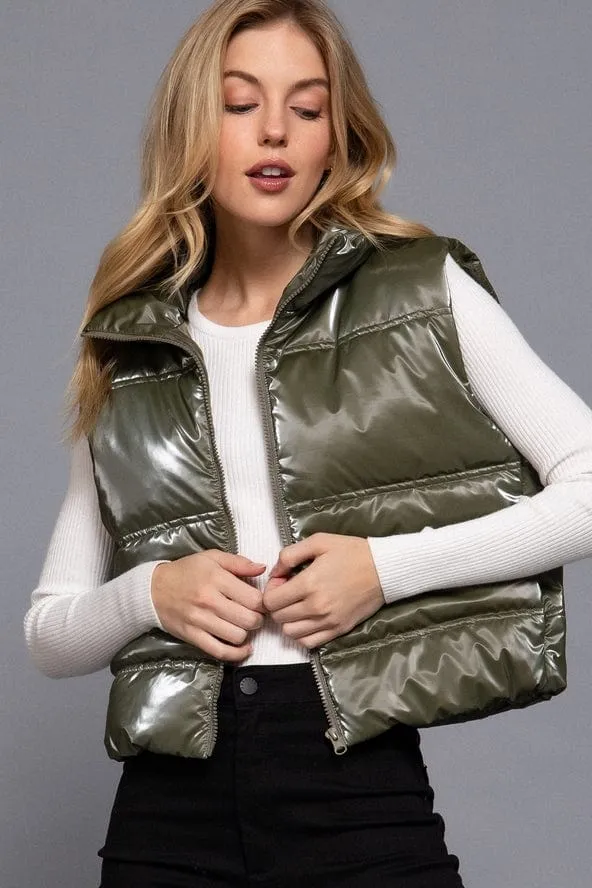 Active Basic High Neck Zip-up Vest in Olive
