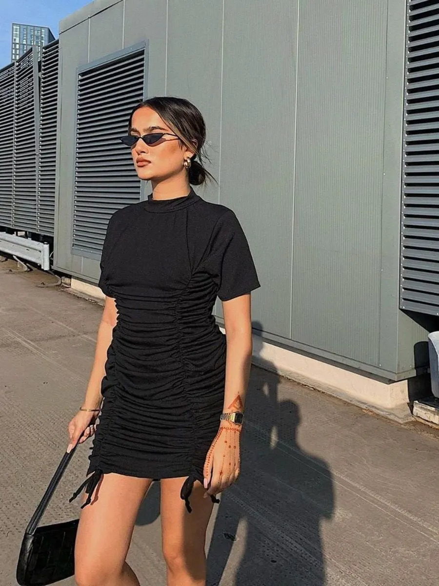 Aimie High Neck Ribbed Ruched Dress In Black
