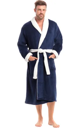 Alexander Del Rossa Men's Classic Winter Robe, Plush Fleece Bathrobe Navy Blue with White Contrast 5X-6X