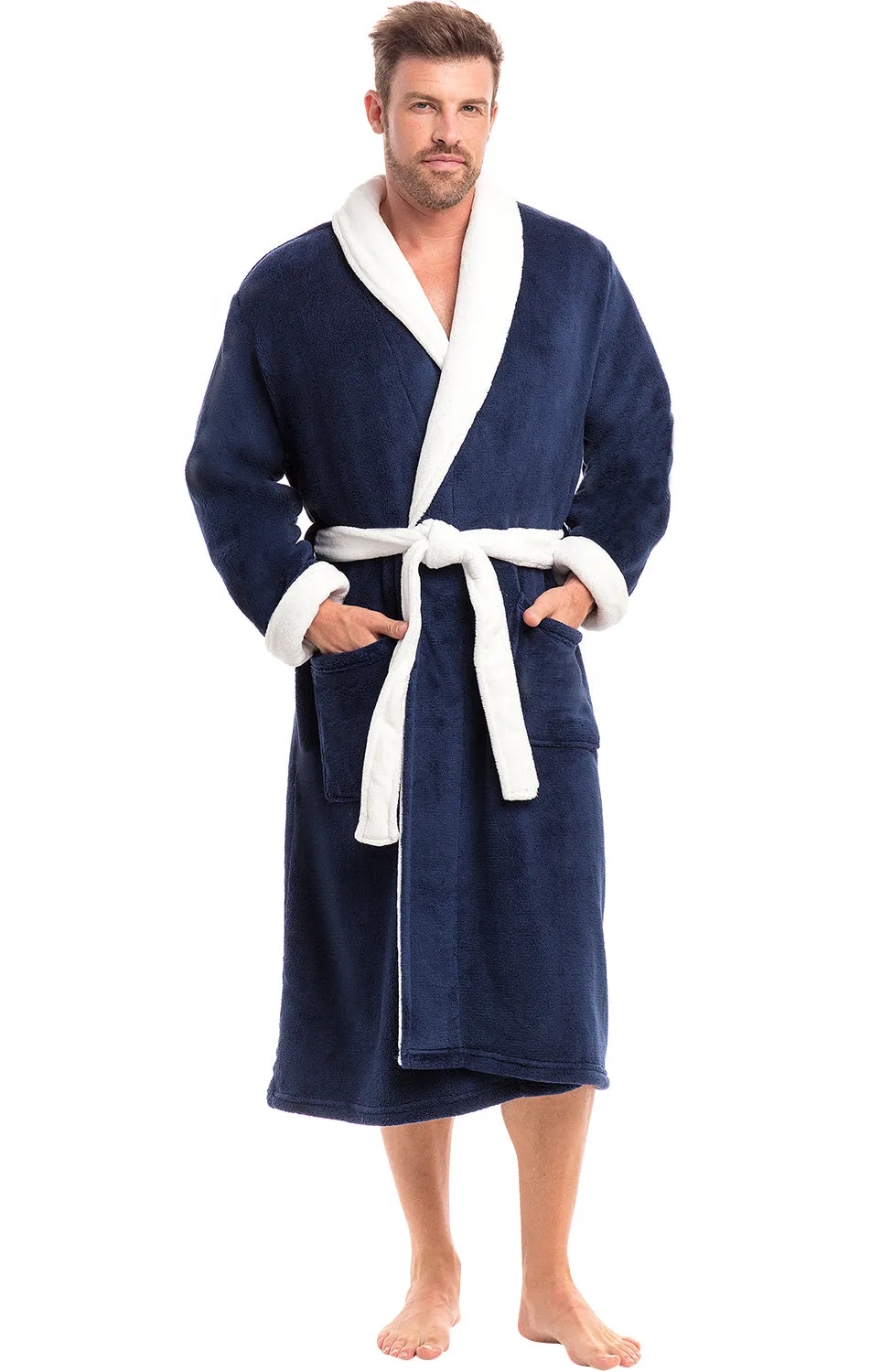 Alexander Del Rossa Men's Classic Winter Robe, Plush Fleece Bathrobe Navy Blue with White Contrast 5X-6X