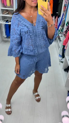 Amore Embroidered Lace 2 Piece Shorts Set