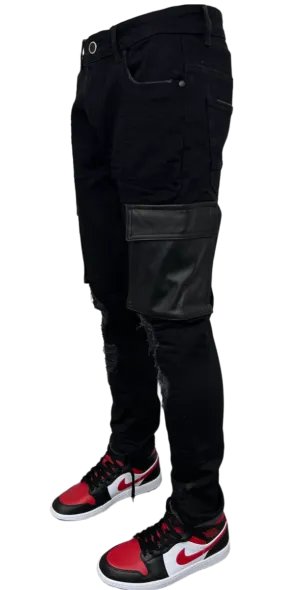 Arketype Men's Black Stretch Jeans Cargo Style Leather Pockets Skinny-Fit