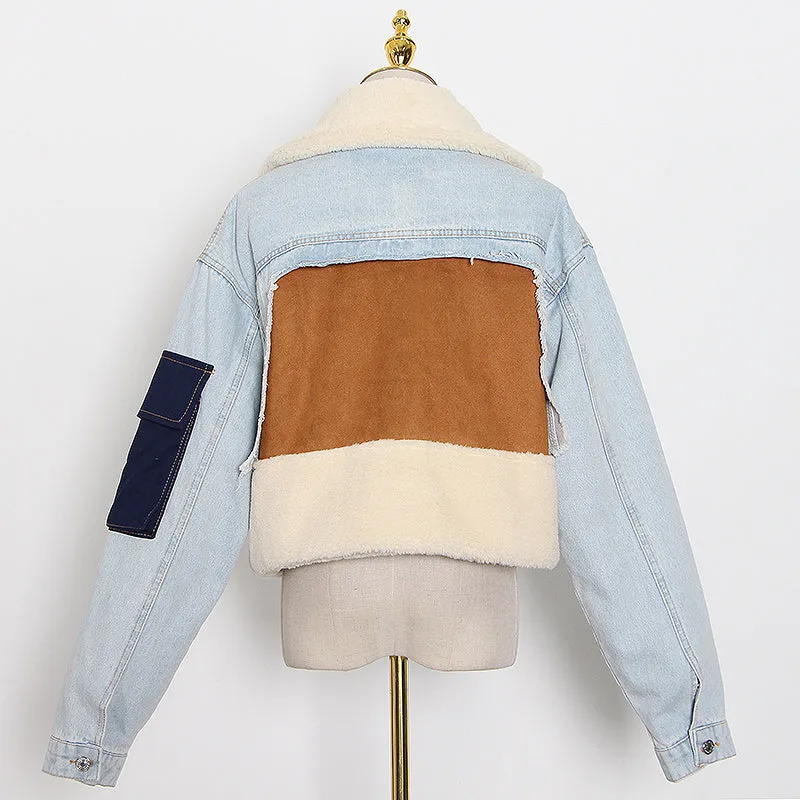 Autume Winter short Denim women jacket with flees - Street Wear.