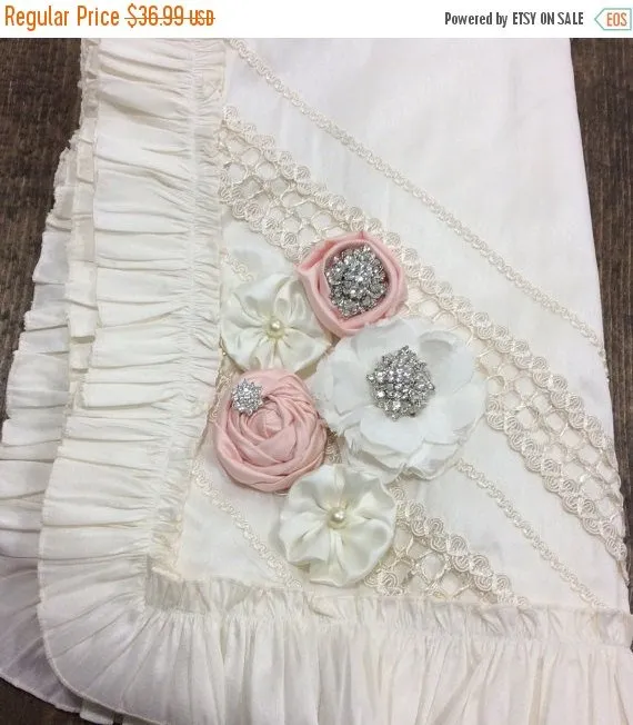 Baptism ruffle baby blanket ivory with blush flowers