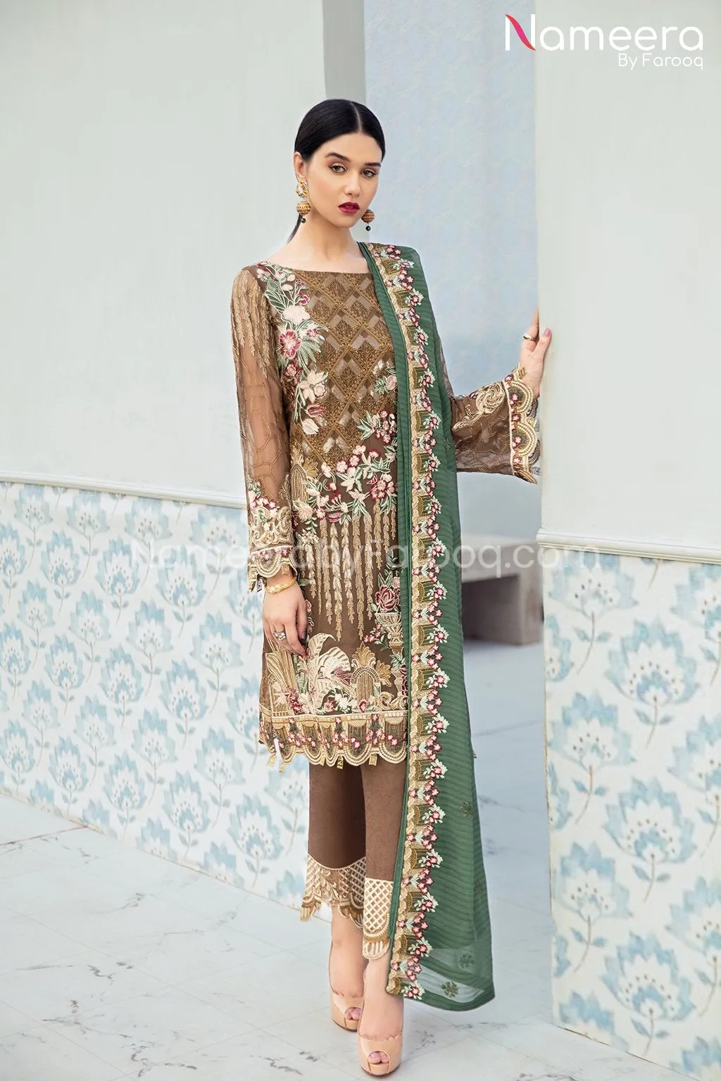 Baroque Embroidered Salwar Kameez in Brown Color #PF111
