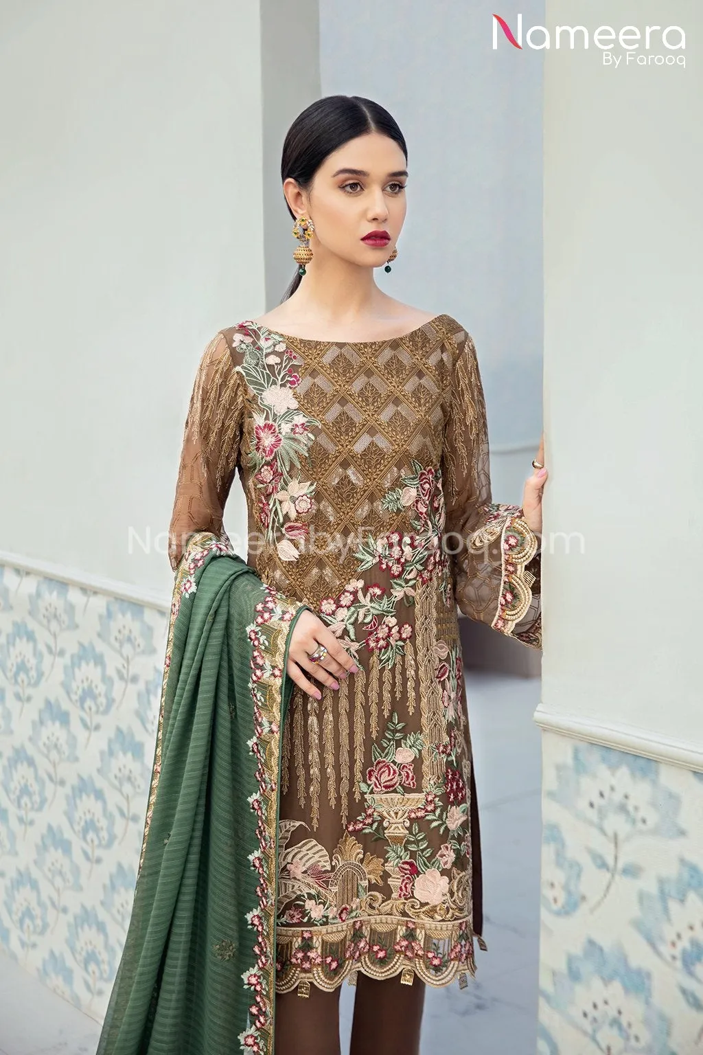 Baroque Embroidered Salwar Kameez in Brown Color #PF111