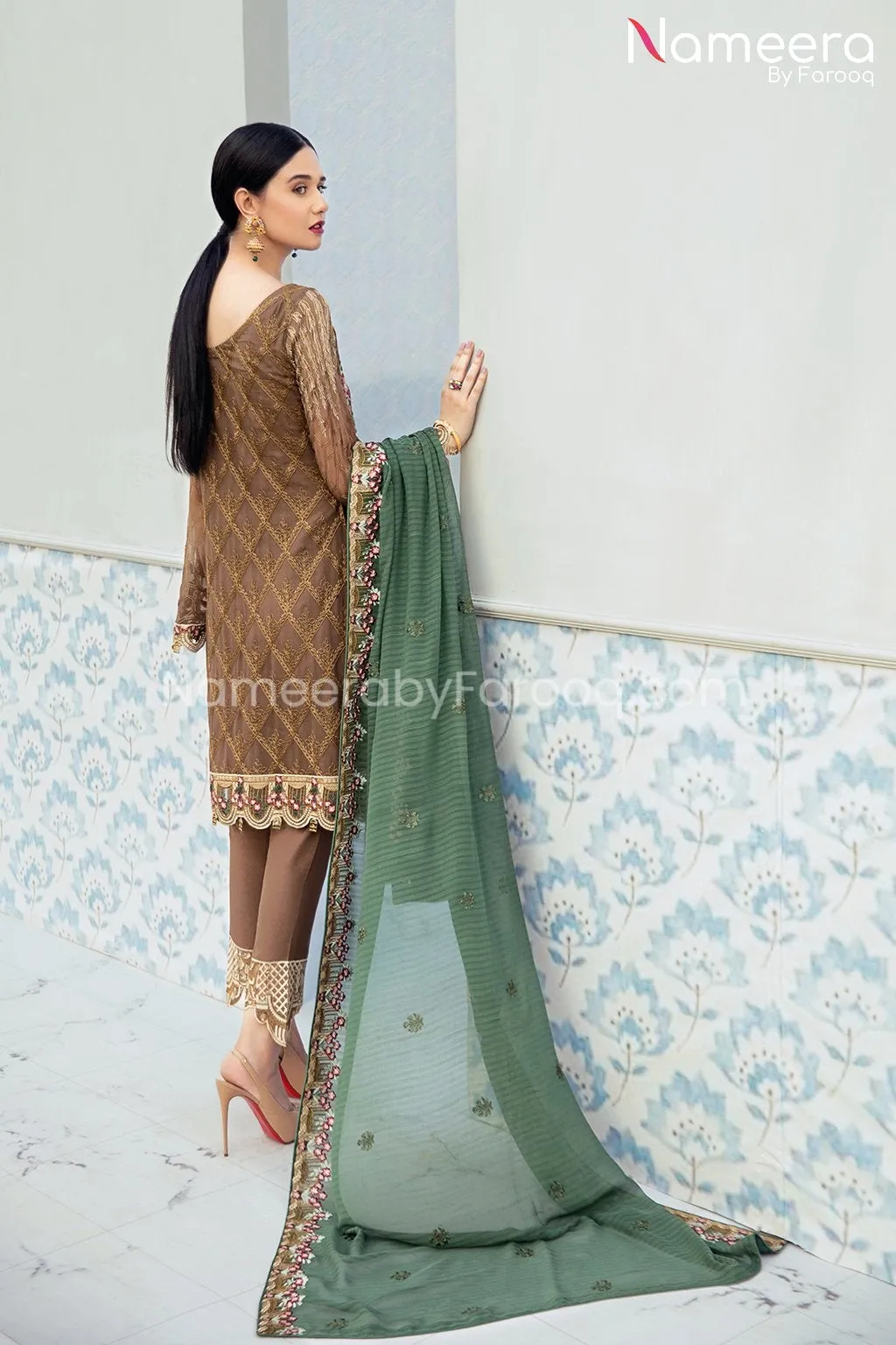 Baroque Embroidered Salwar Kameez in Brown Color #PF111