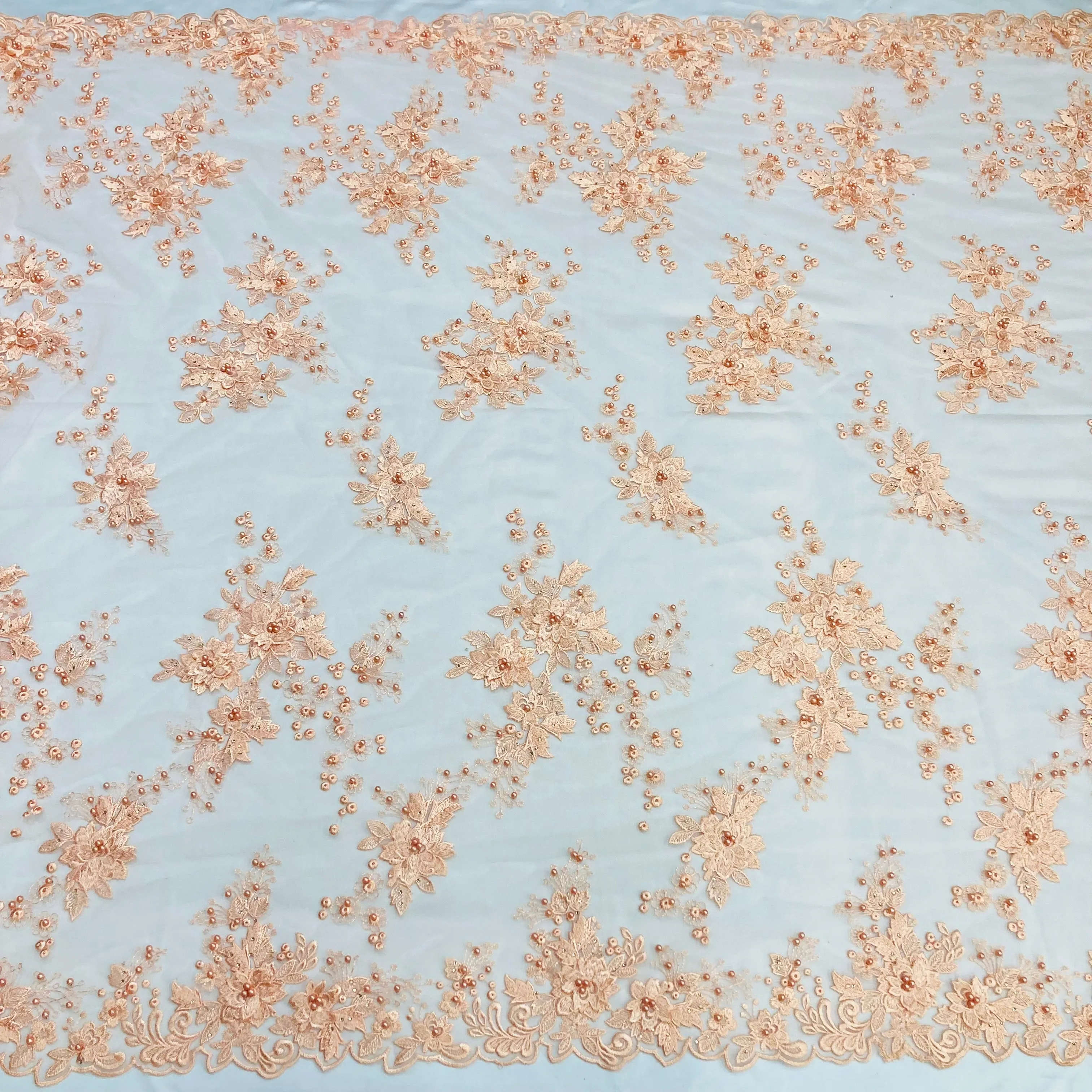 Beaded 3D Floral Lace Fabric Embroidered on 100% Polyester Net Mesh | Lace USA - GD-031