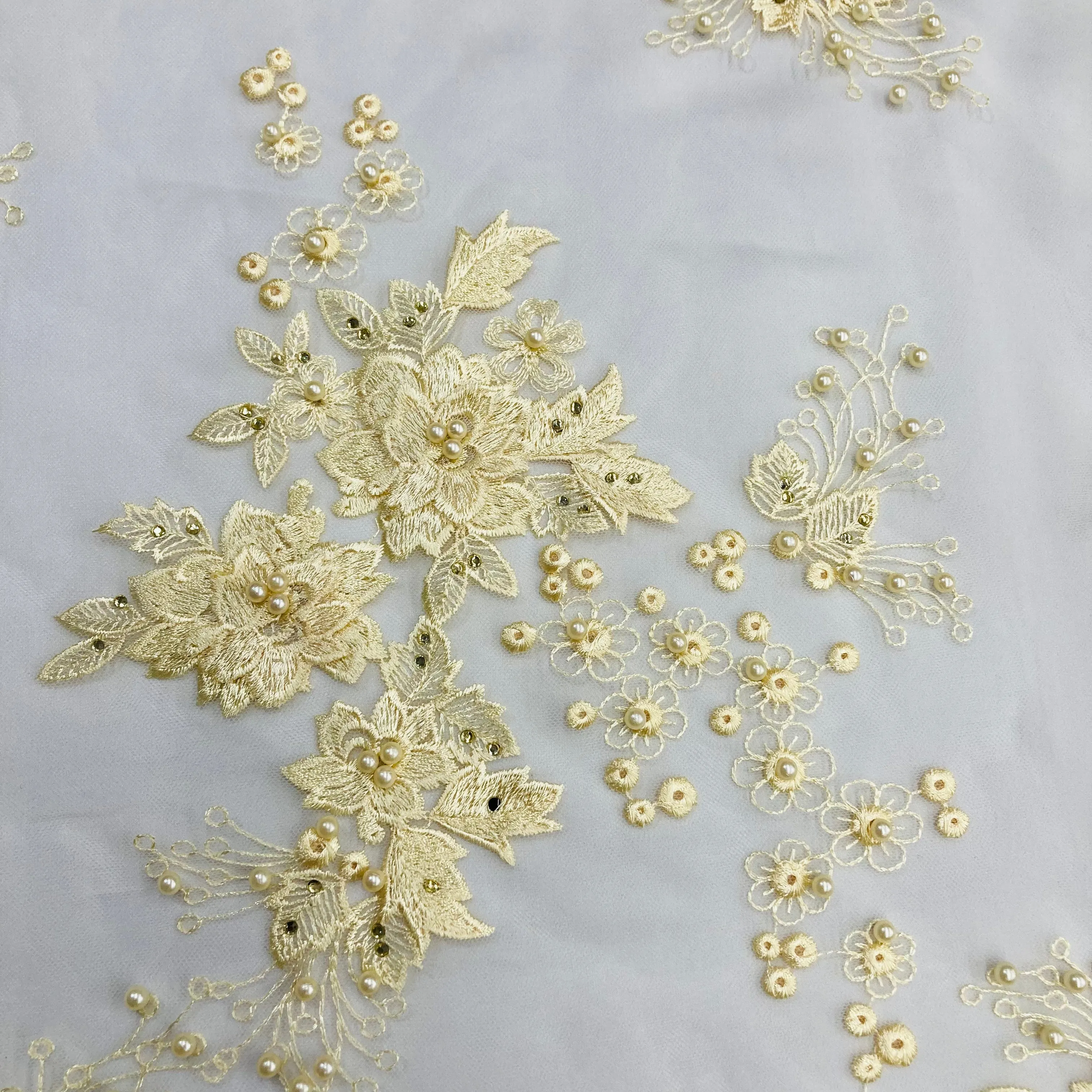 Beaded 3D Floral Lace Fabric Embroidered on 100% Polyester Net Mesh | Lace USA - GD-031