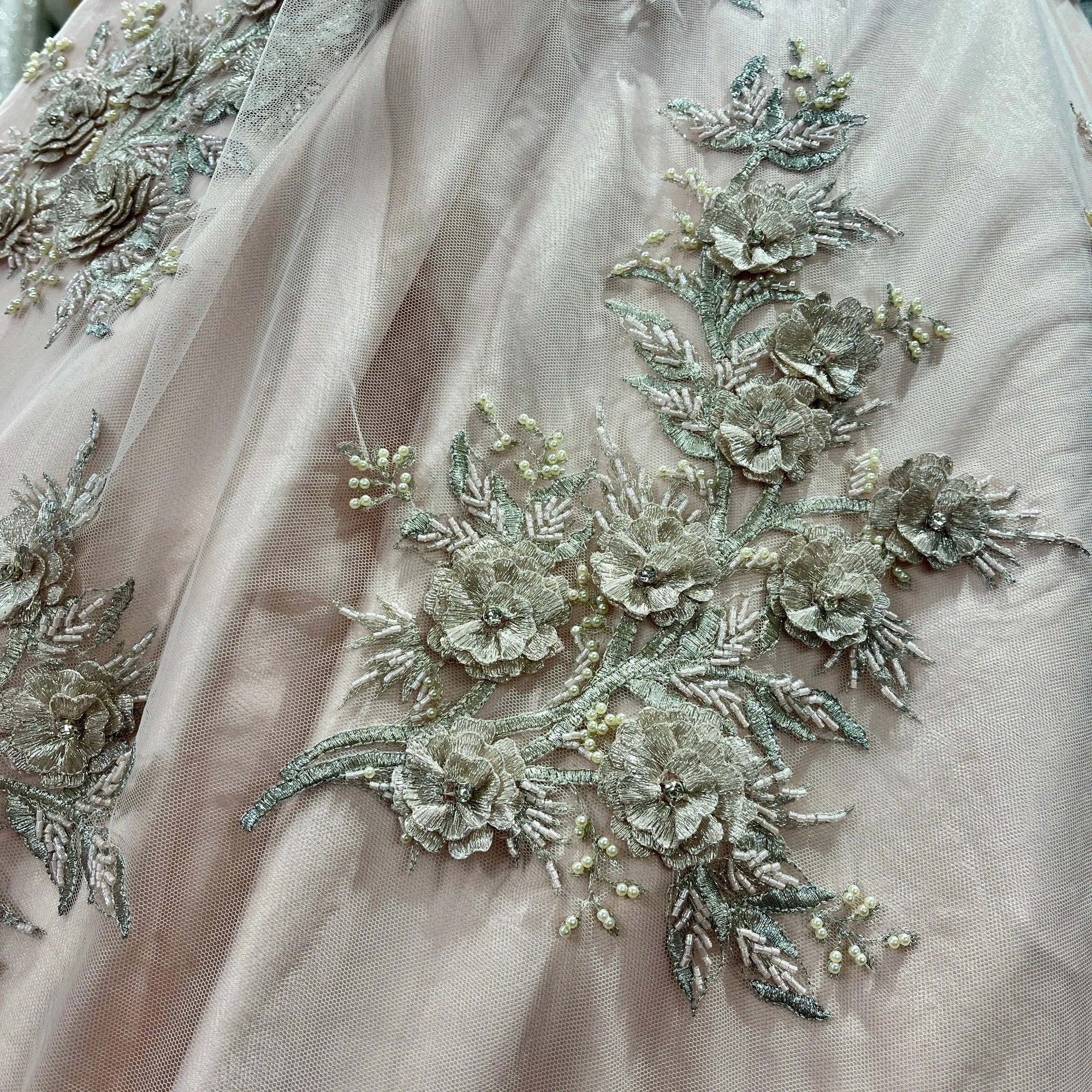 Beaded 3D Floral Lace Fabric Embroidered on 100% Polyester Net Mesh | Lace USA - GD-265