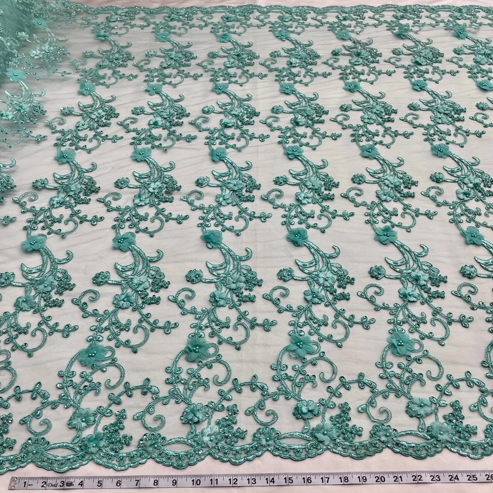 Beaded 3D Floral Lace Fabric Embroidered on 100% Polyester Net Mesh | Lace USA - GD-SG01