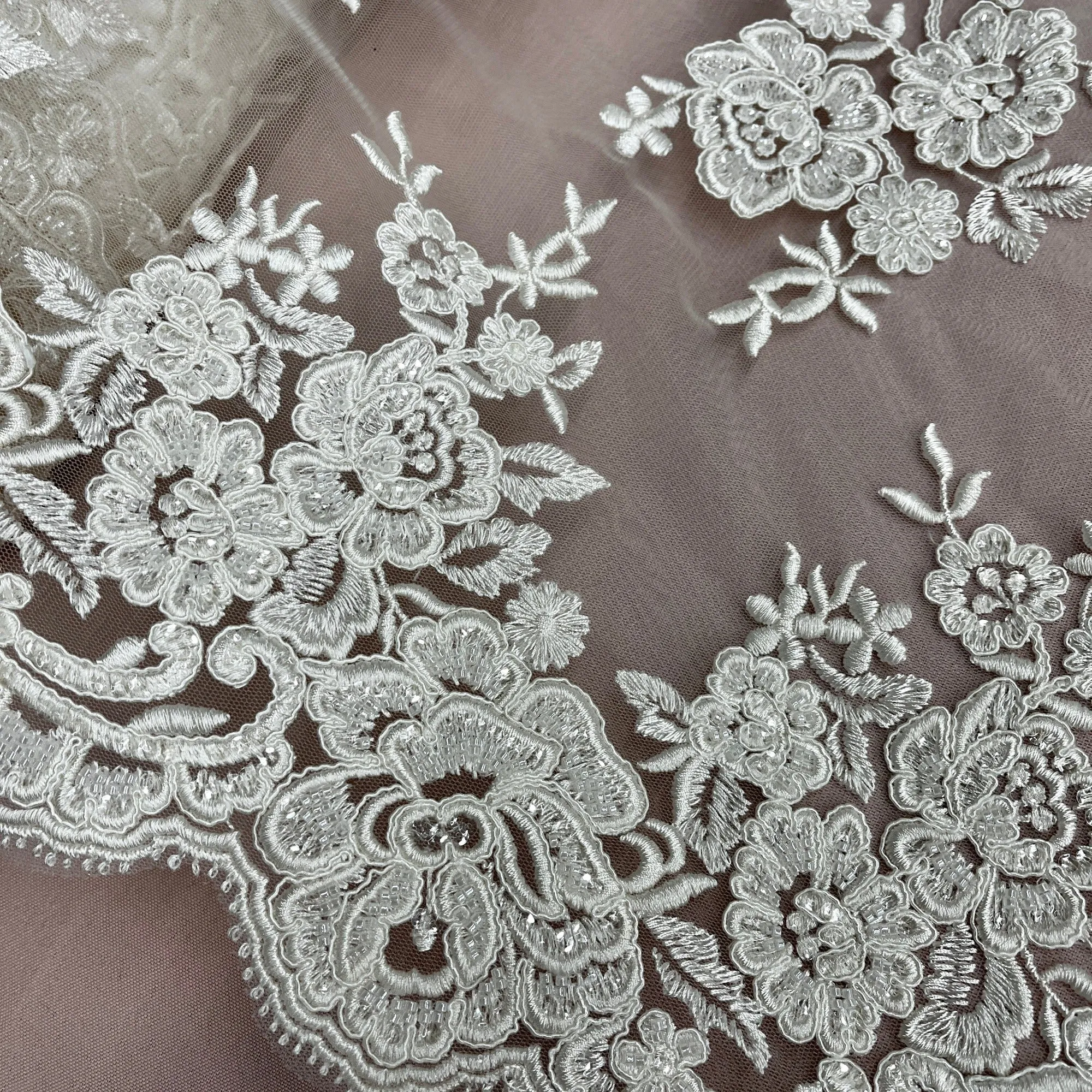 Beaded & Corded Bridal Lace Fabric Embroidered on 100% Polyester Net Mesh | Lace USA - 97018W-HB