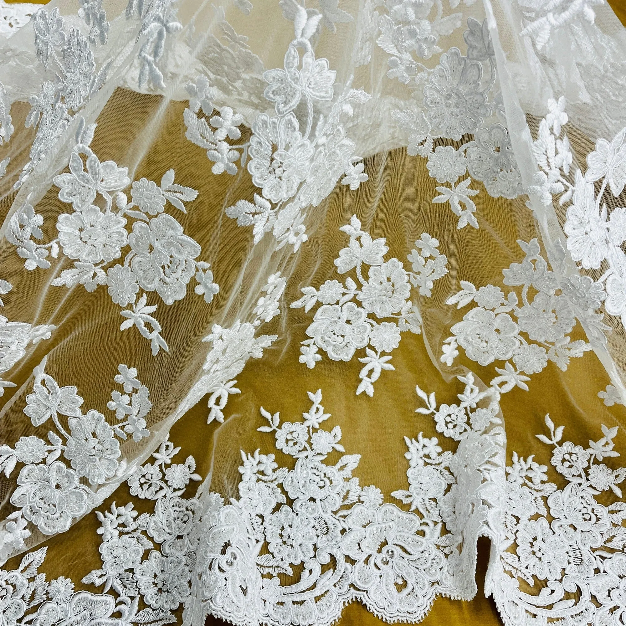 Beaded & Corded Bridal Lace Fabric Embroidered on 100% Polyester Net Mesh | Lace USA - 97018W-HB