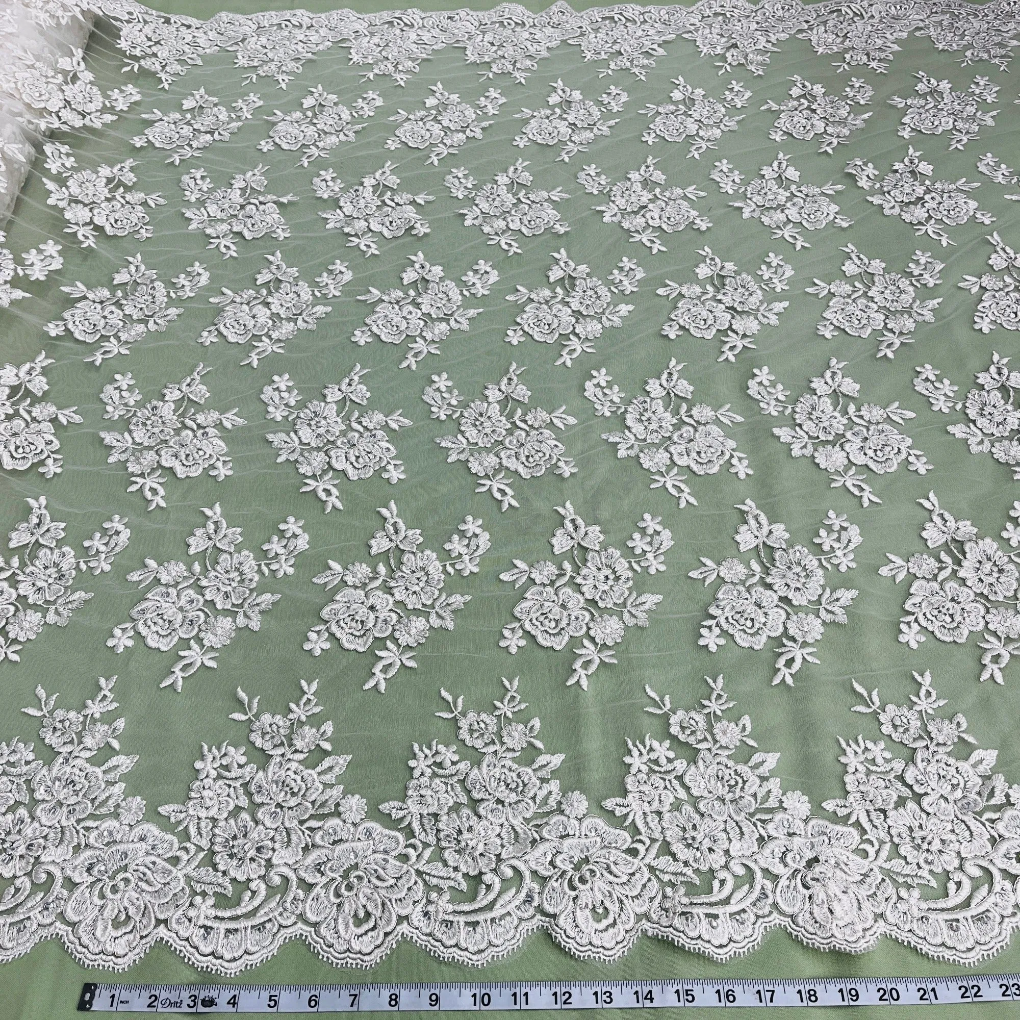 Beaded & Corded Bridal Lace Fabric Embroidered on 100% Polyester Net Mesh | Lace USA - 97018W-HB