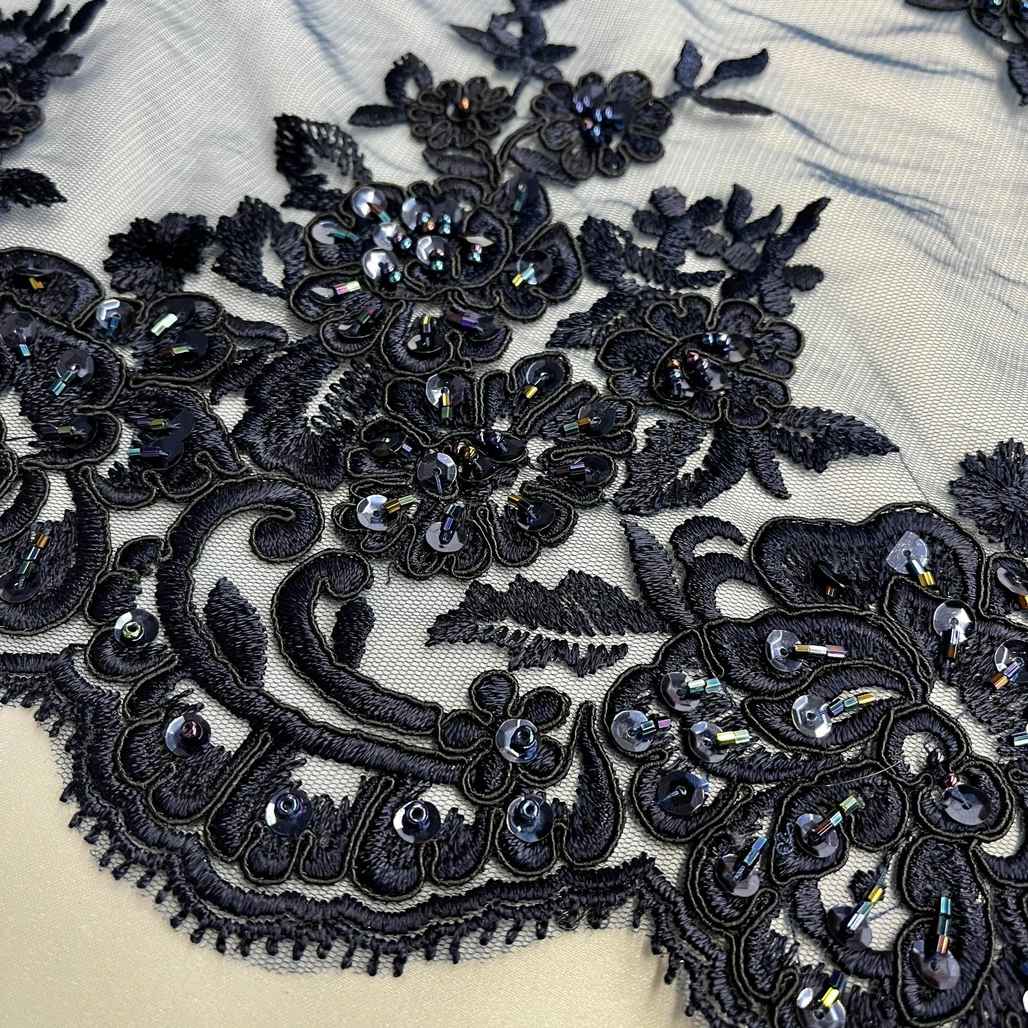 Beaded & Corded Bridal Lace Fabric Embroidered on 100% Polyester Net Mesh | Lace USA - 97018W-HB