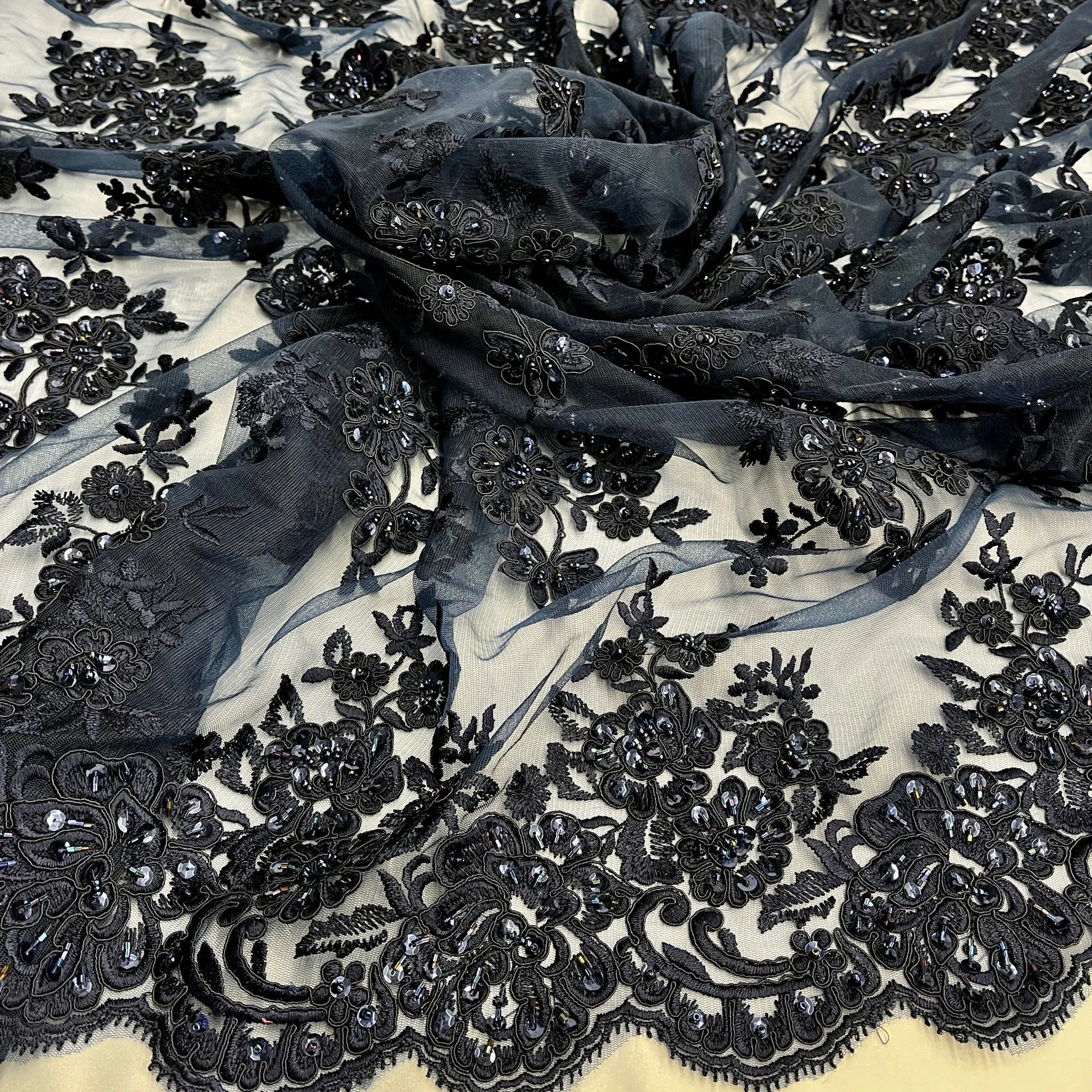 Beaded & Corded Bridal Lace Fabric Embroidered on 100% Polyester Net Mesh | Lace USA - 97018W-HB