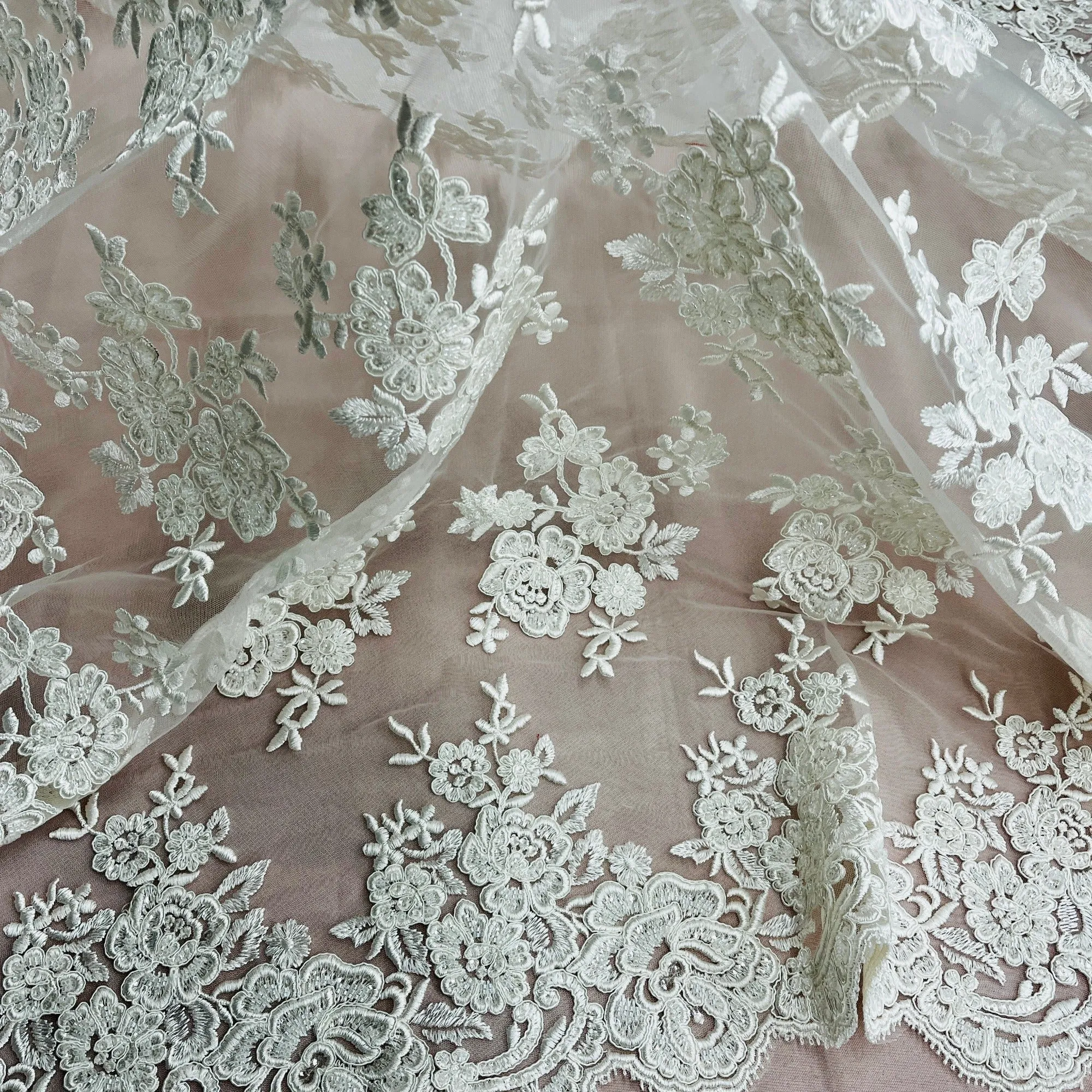 Beaded & Corded Bridal Lace Fabric Embroidered on 100% Polyester Net Mesh | Lace USA - 97018W-HB