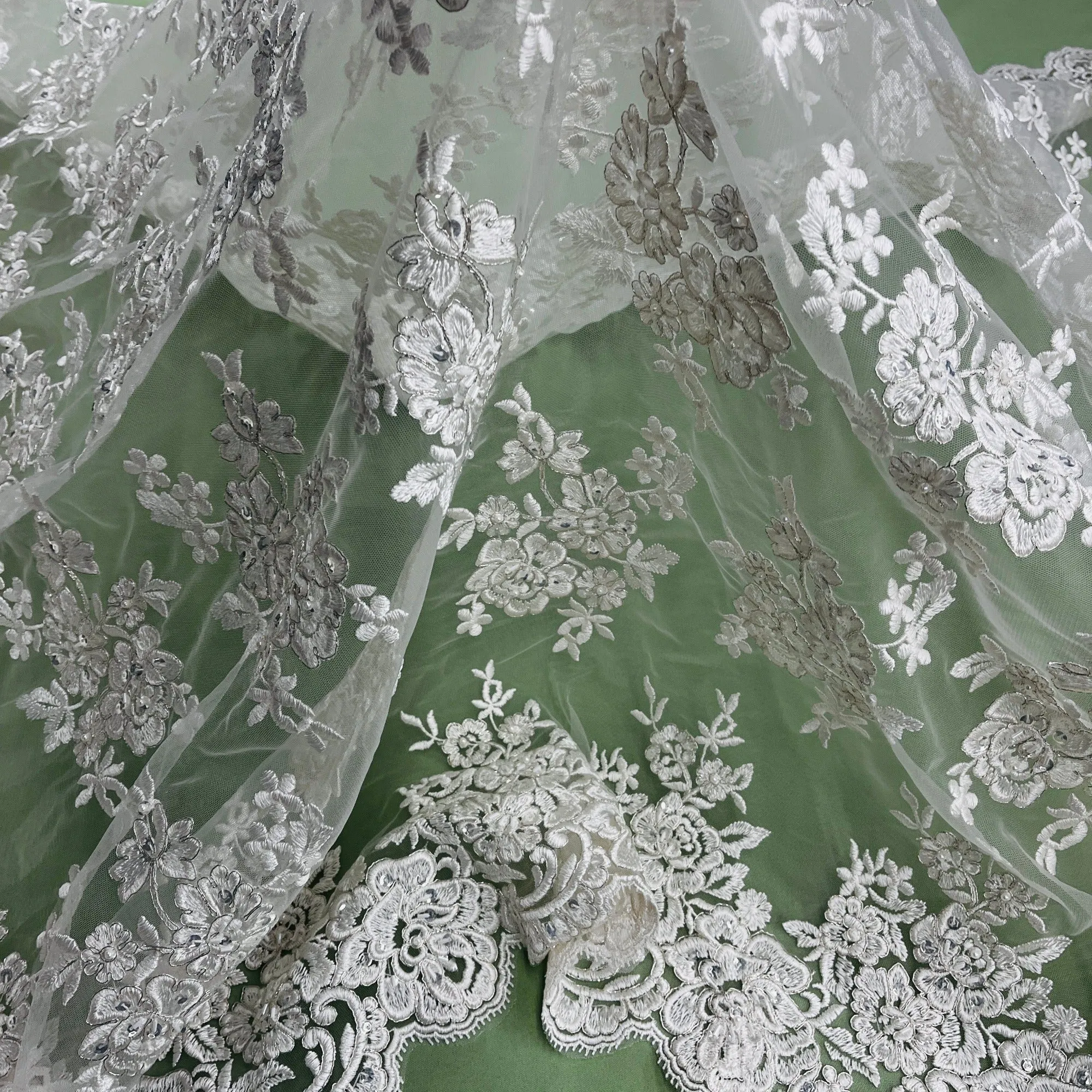 Beaded & Corded Bridal Lace Fabric Embroidered on 100% Polyester Net Mesh | Lace USA - 97018W-HB