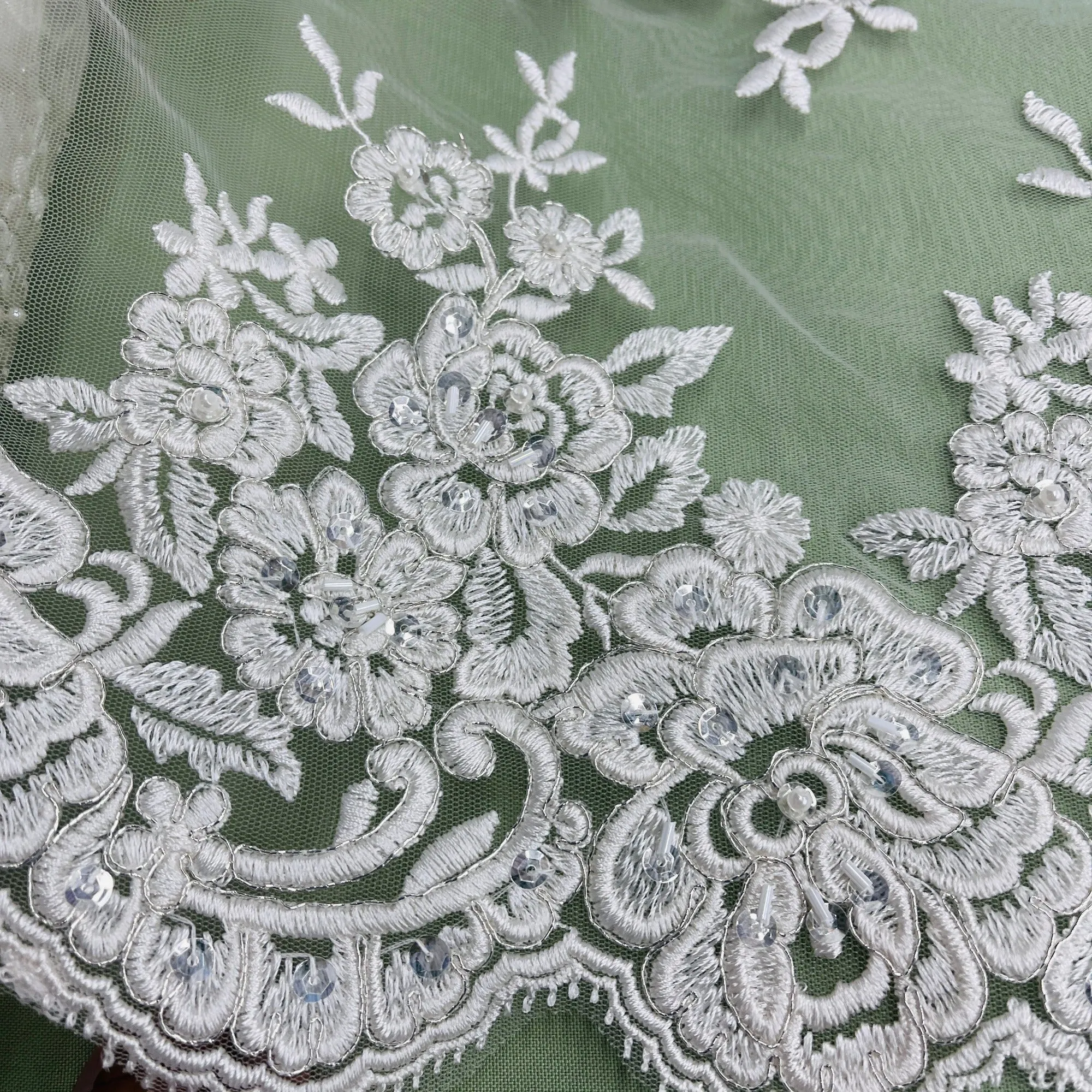 Beaded & Corded Bridal Lace Fabric Embroidered on 100% Polyester Net Mesh | Lace USA - 97018W-HB