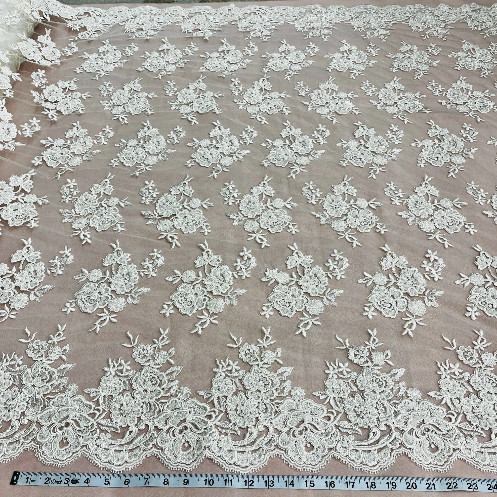 Beaded & Corded Bridal Lace Fabric Embroidered on 100% Polyester Net Mesh | Lace USA - 97018W-HB