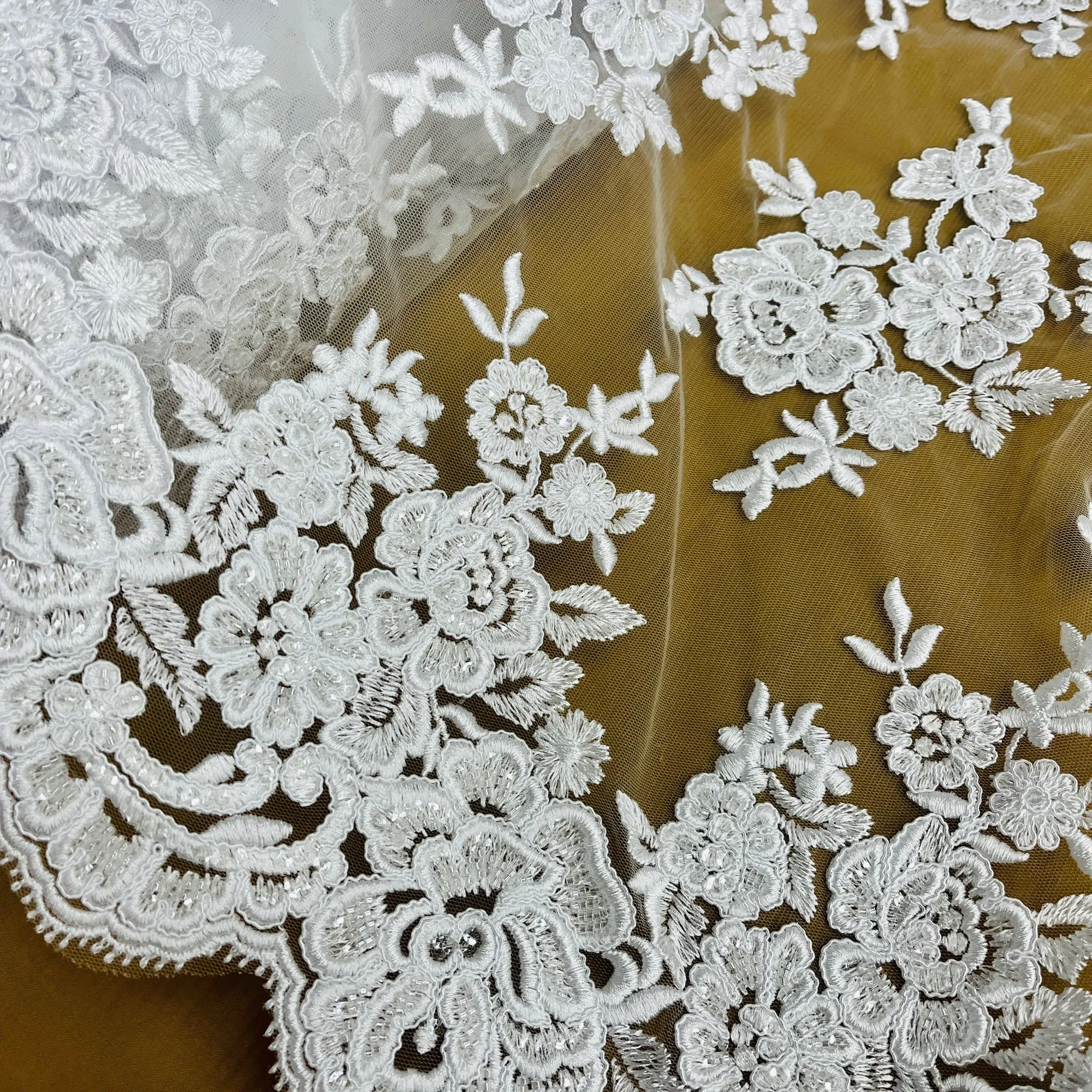 Beaded & Corded Bridal Lace Fabric Embroidered on 100% Polyester Net Mesh | Lace USA - 97018W-HB