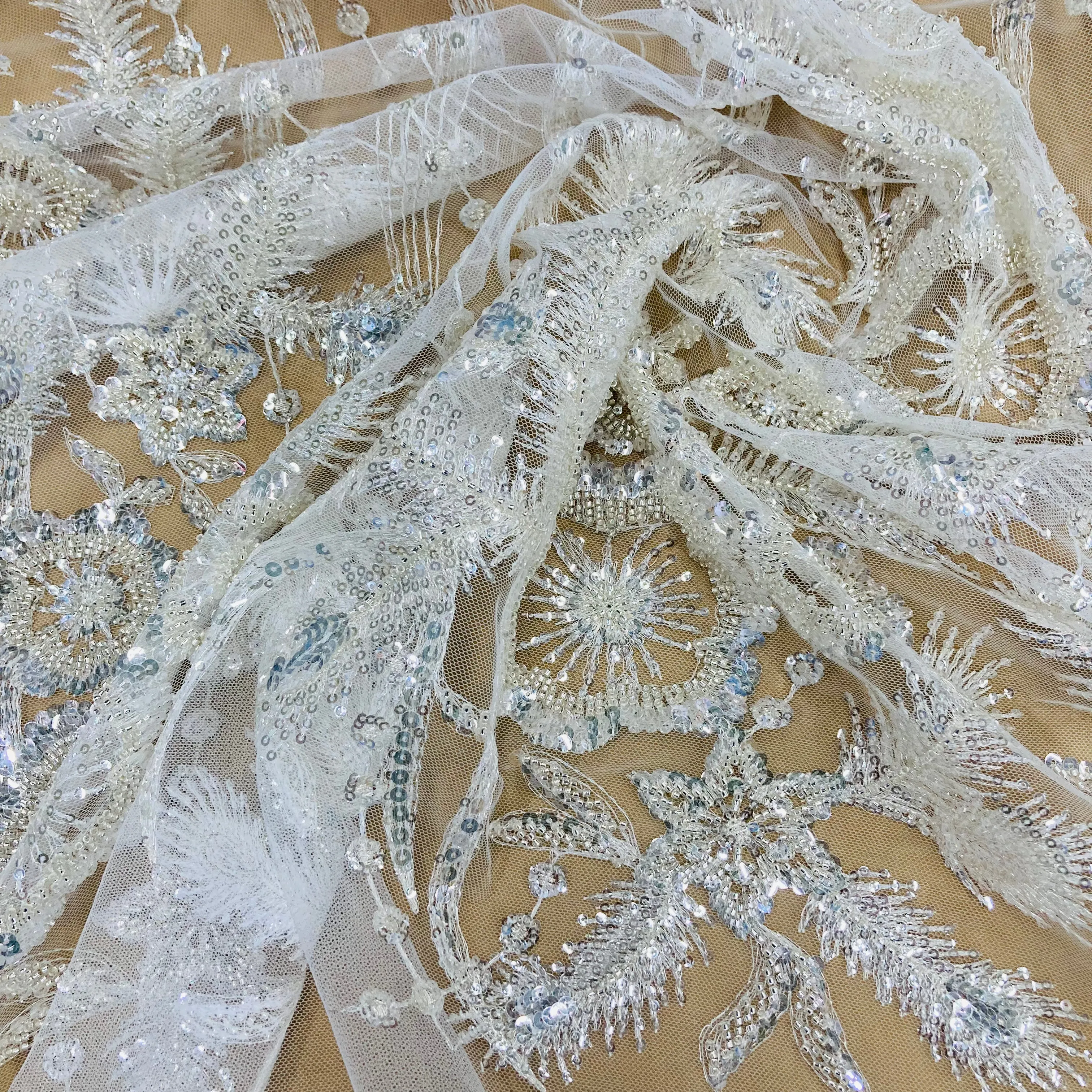 Beaded & Sequined Lace Fabric Embroidered on 100% Polyester Net Mesh | Lace USA - GD-2197
