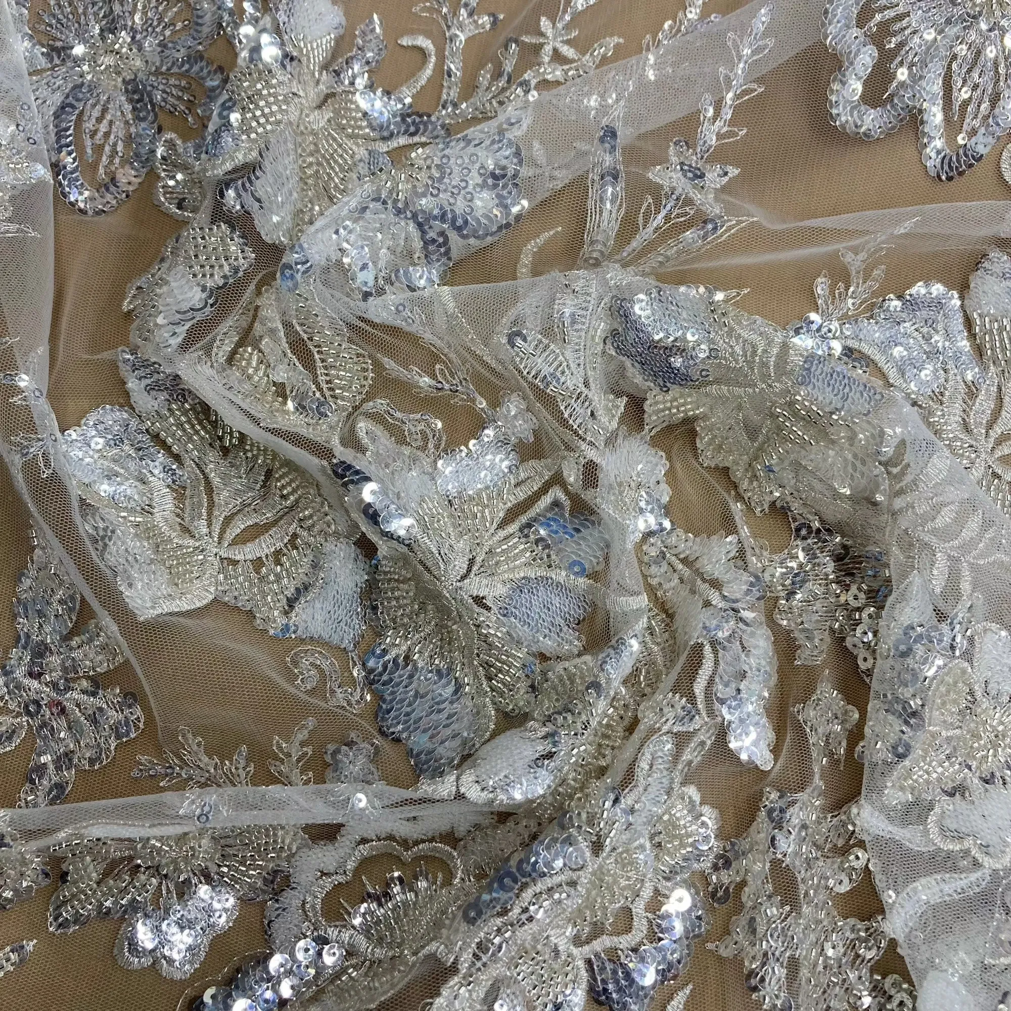 Beaded & Sequined Lace Fabric Embroidered on 100% Polyester Net Mesh | Lace USA - GD-3816