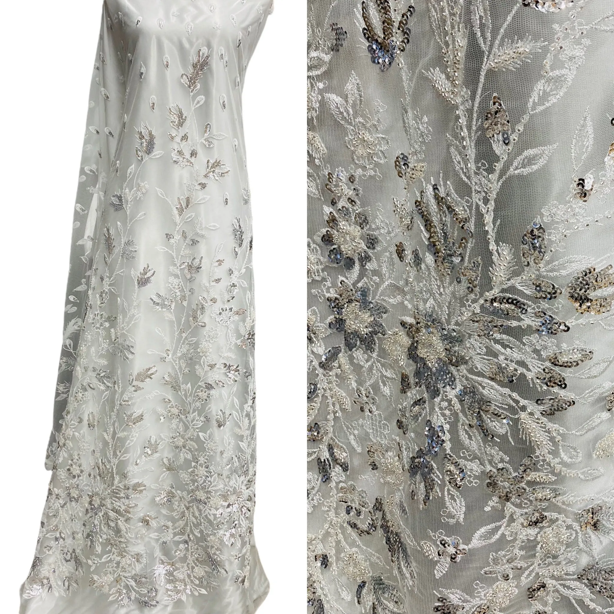 Beaded & Sequined Lace Fabric Embroidered on 100% Polyester Net Mesh | Lace USA - GD-67613