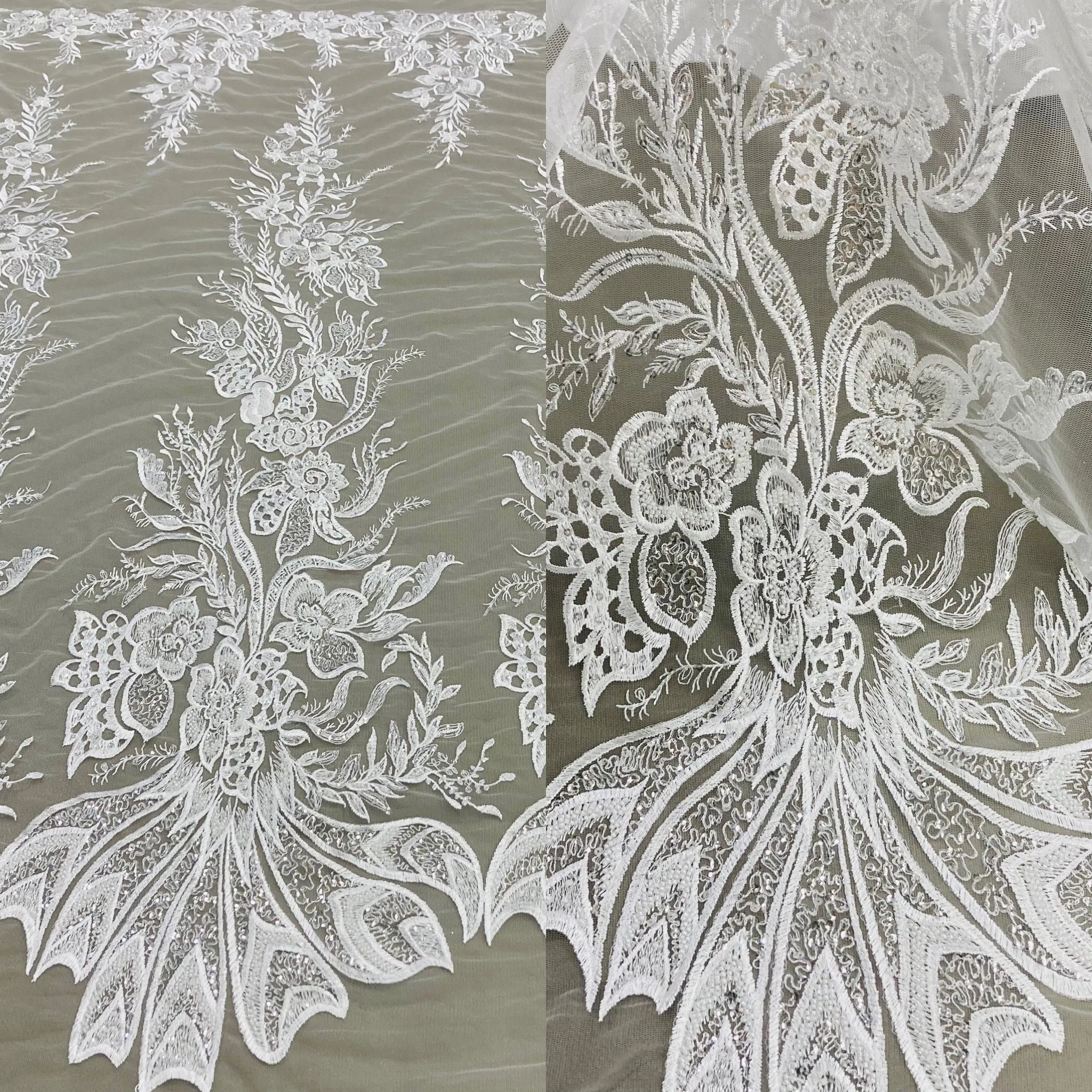 Beaded & Sequined Lace Fabric Embroidered on 100% Polyester Net Mesh | Lace USA - GD-67814