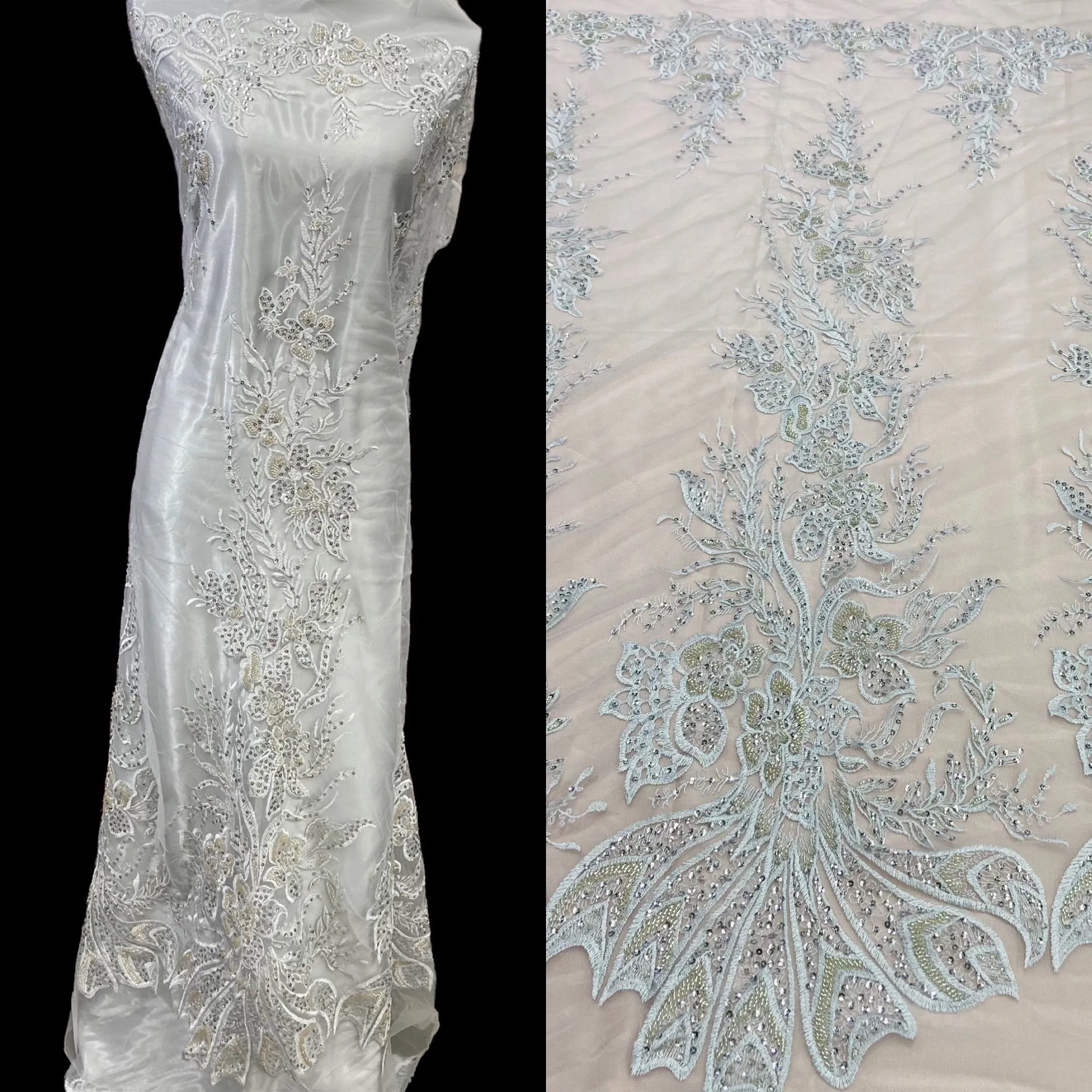 Beaded & Sequined Lace Fabric Embroidered on 100% Polyester Net Mesh | Lace USA - GD-67814