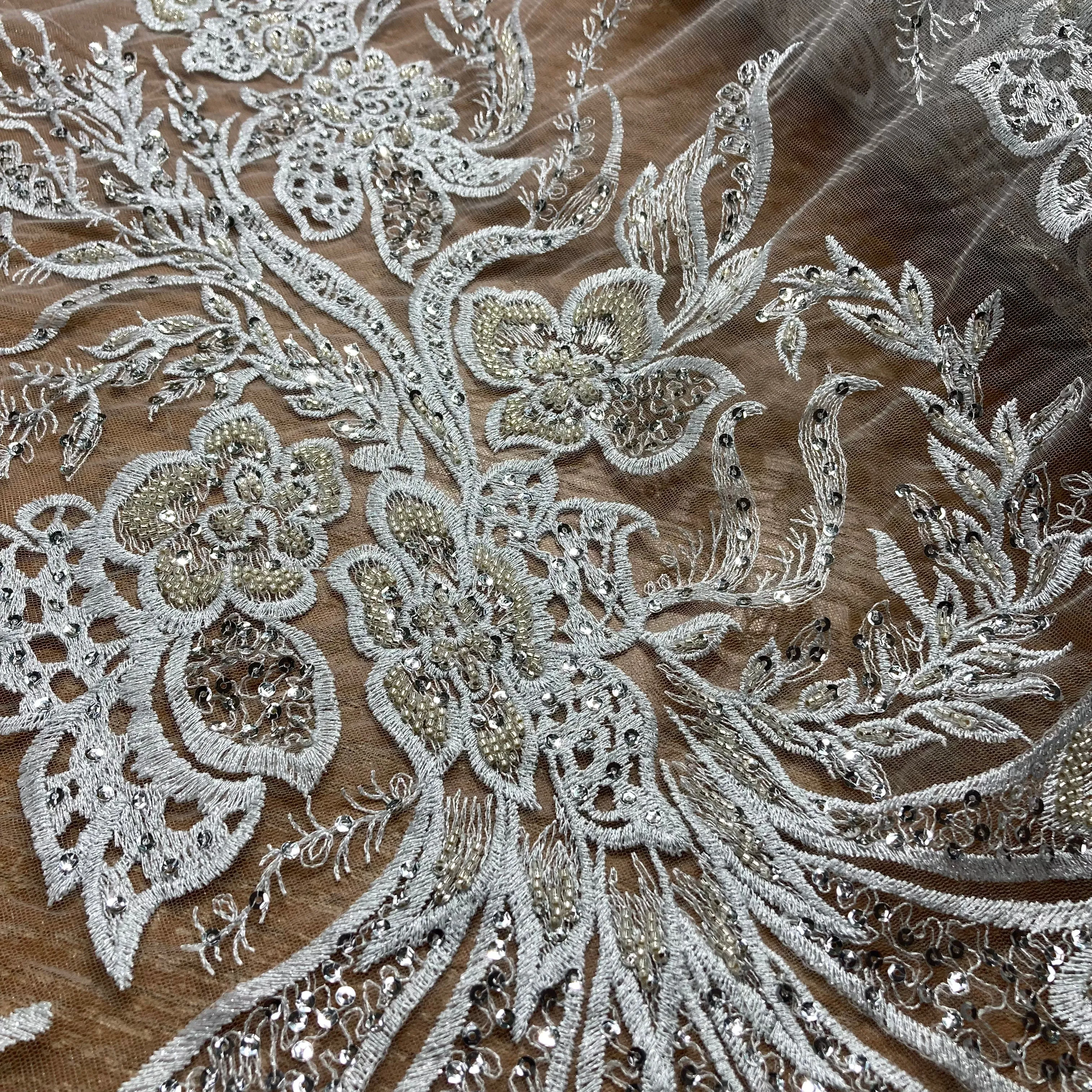 Beaded & Sequined Lace Fabric Embroidered on 100% Polyester Net Mesh | Lace USA - GD-67814