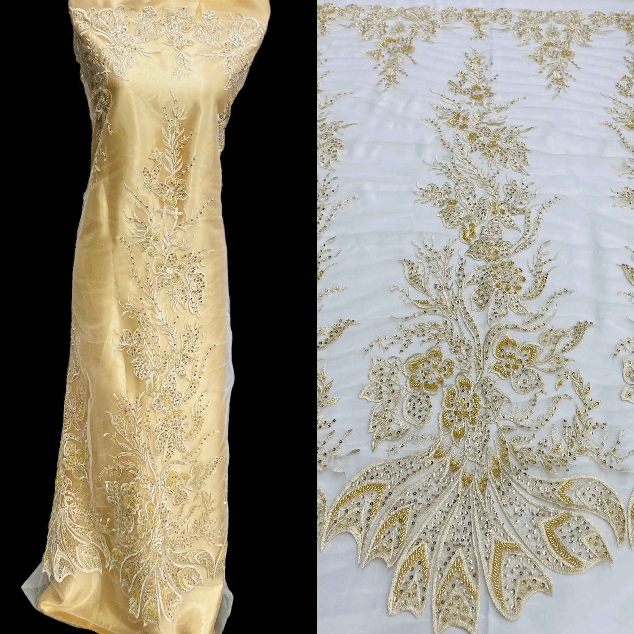 Beaded & Sequined Lace Fabric Embroidered on 100% Polyester Net Mesh | Lace USA - GD-67814