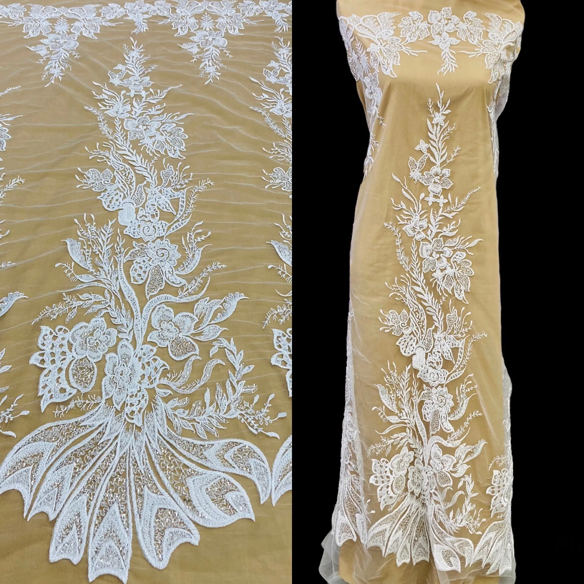 Beaded & Sequined Lace Fabric Embroidered on 100% Polyester Net Mesh | Lace USA - GD-67814