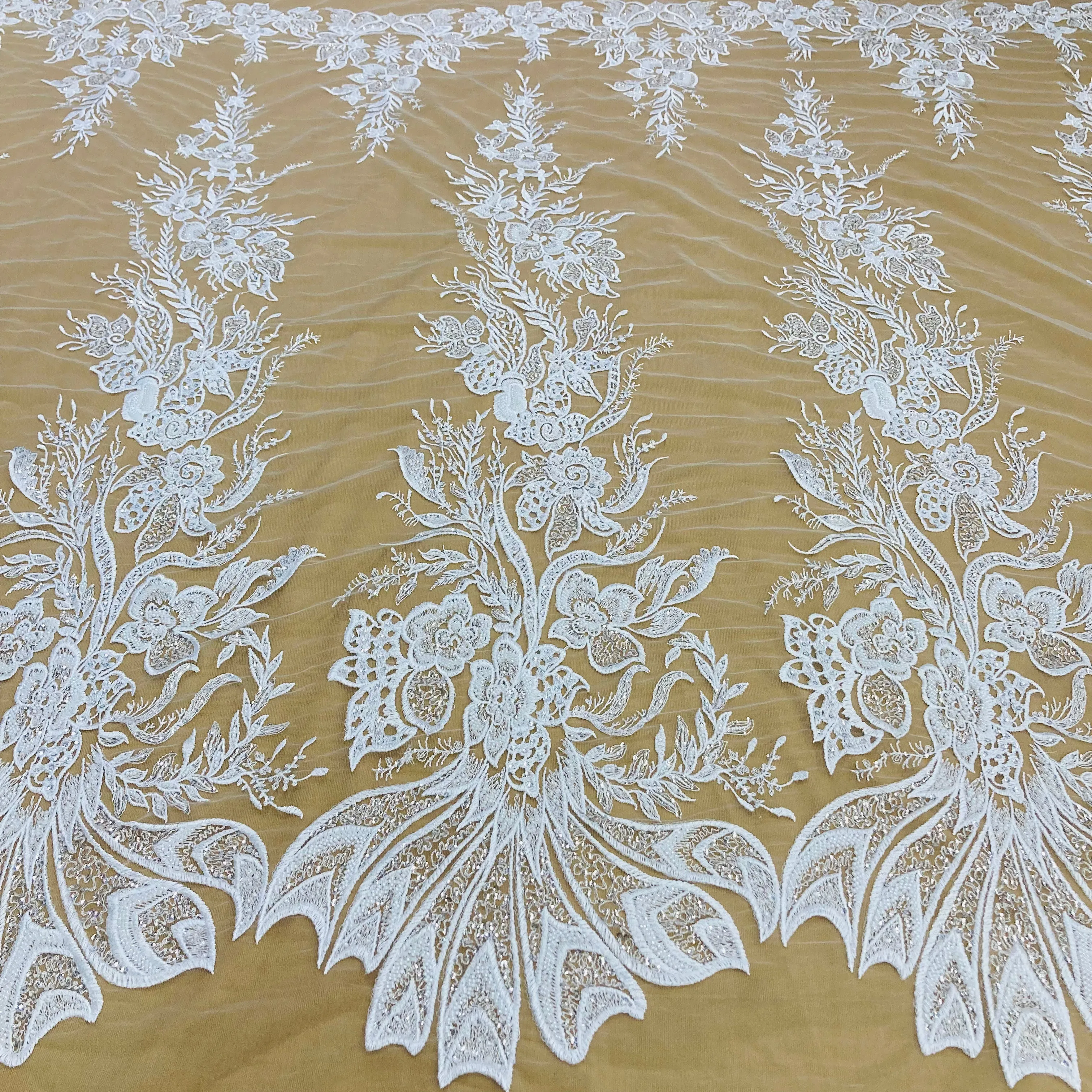Beaded & Sequined Lace Fabric Embroidered on 100% Polyester Net Mesh | Lace USA - GD-67814