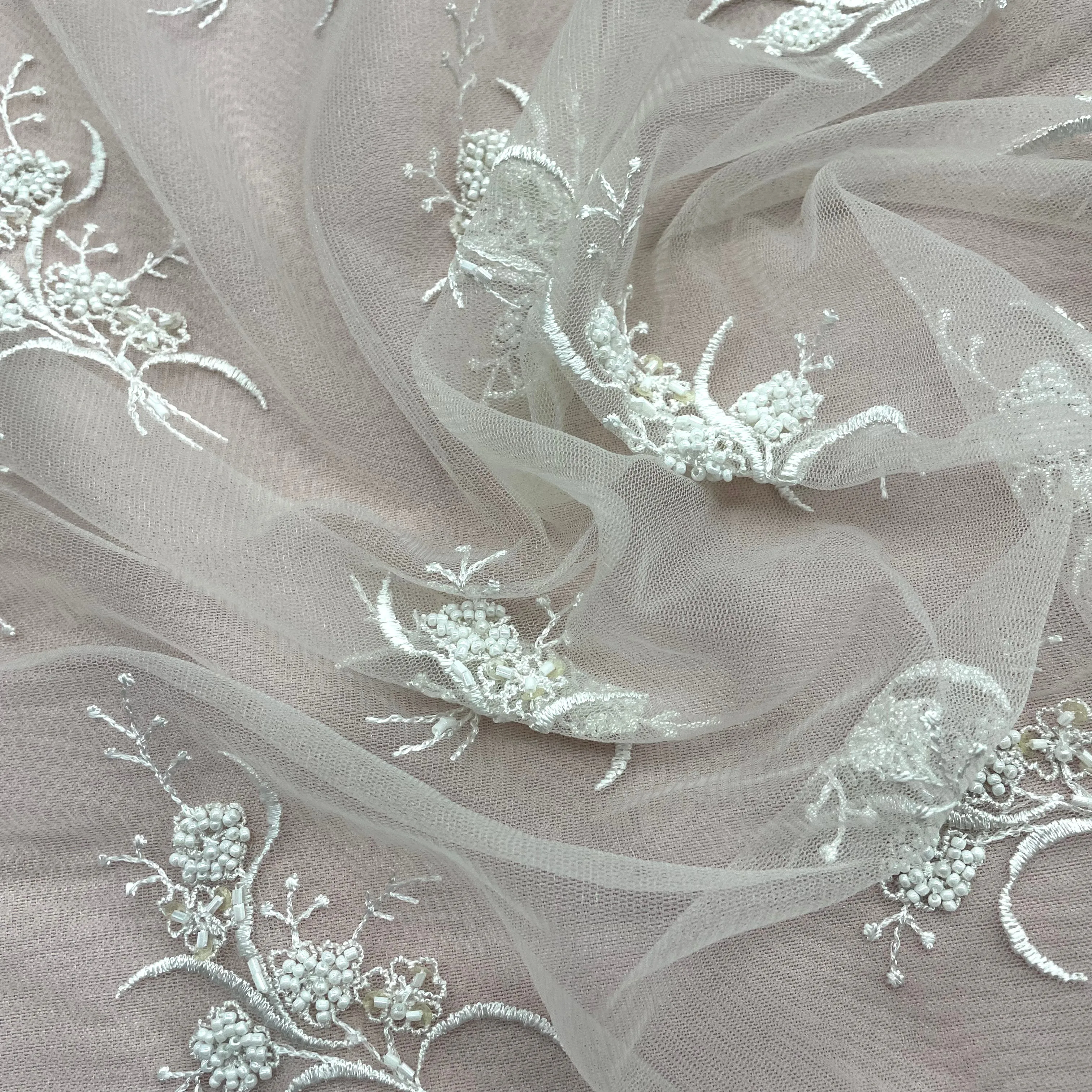 Beaded Lace Fabric Embroidered on 100% Polyester Net Mesh | Lace USA - 31393W-BP