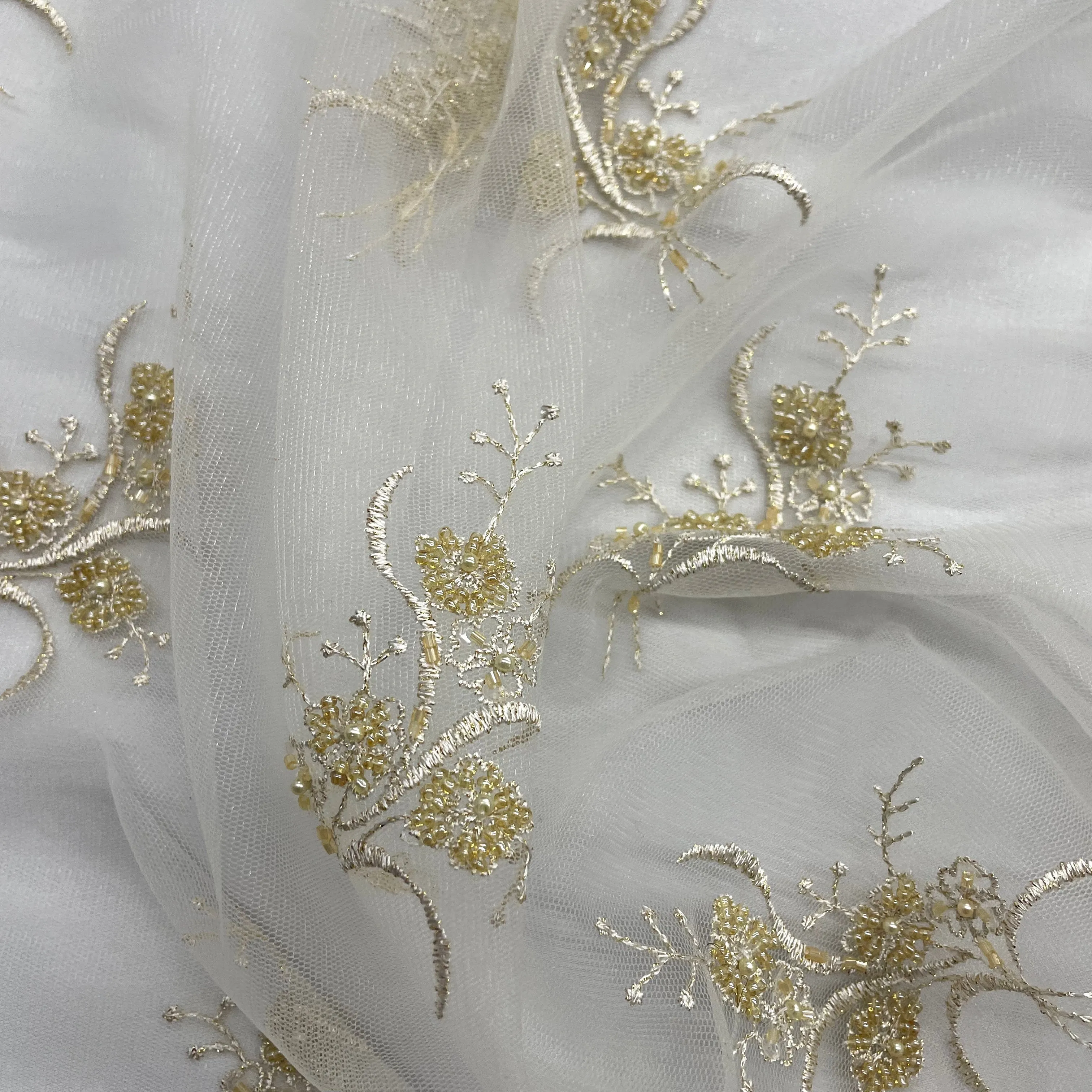 Beaded Lace Fabric Embroidered on 100% Polyester Net Mesh | Lace USA - 31393W-BP