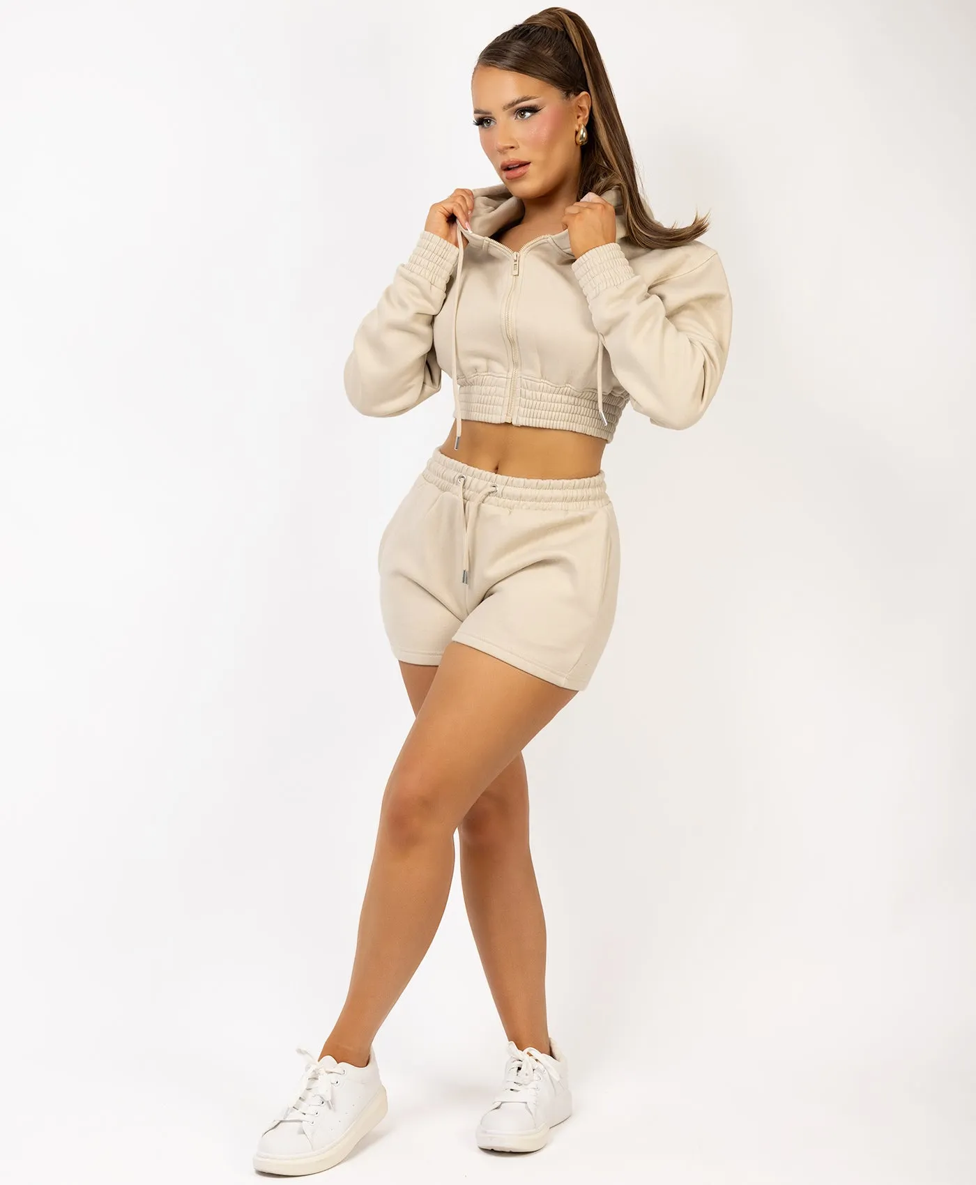 Beige Zipped Cropped Long Sleeve Hoodie And Shorts Tracksuit Set