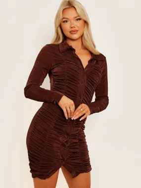 Berna Button Fasten Front Acetate Ruched Dress In Brown