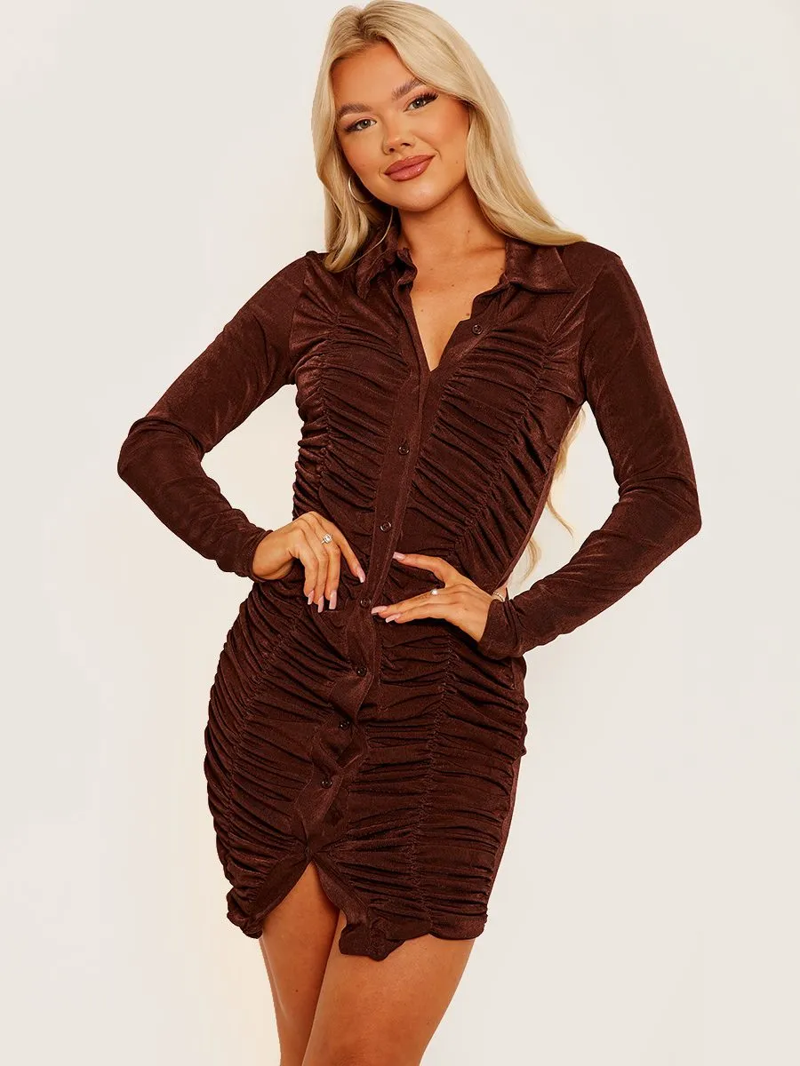 Berna Button Fasten Front Acetate Ruched Dress In Brown