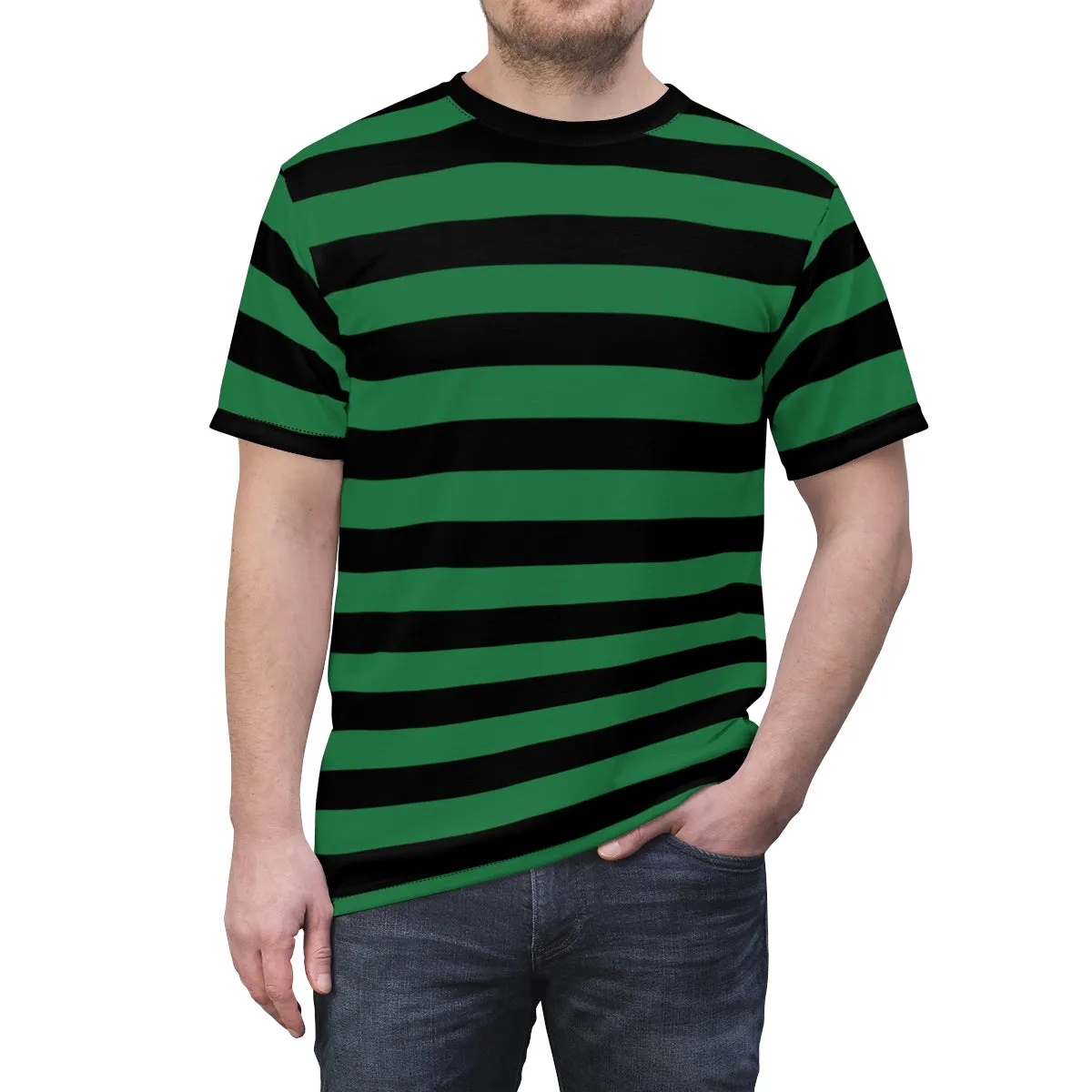 Black and Green Striped Men T Shirt, Vintage Bold Horizontal Stripes 90s Unisex Designer Crewneck Short Sleeve Tee