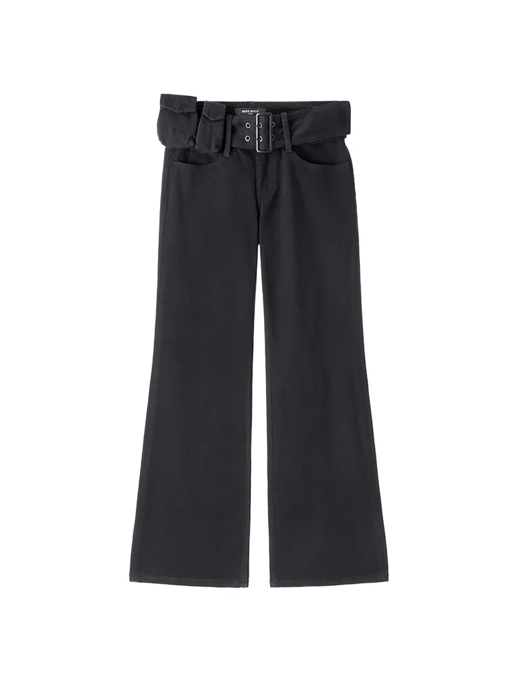 Black Cargo Flared Jeans With Detachable Belt