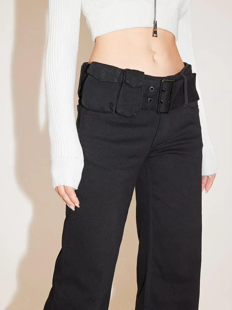 Black Cargo Flared Jeans With Detachable Belt