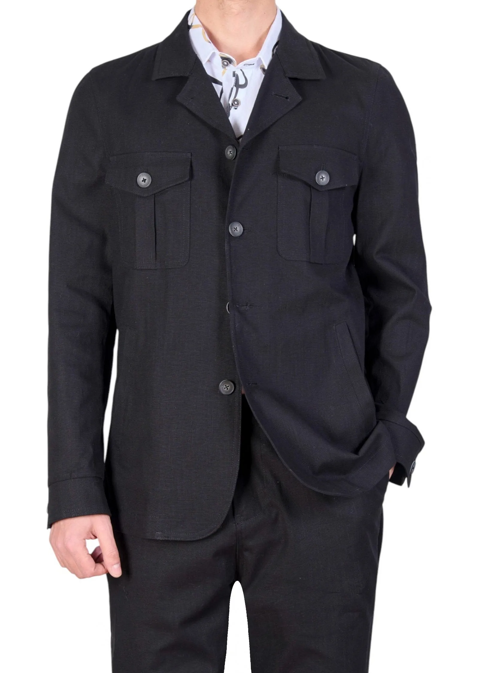 Black Double Pocket Linen Suit