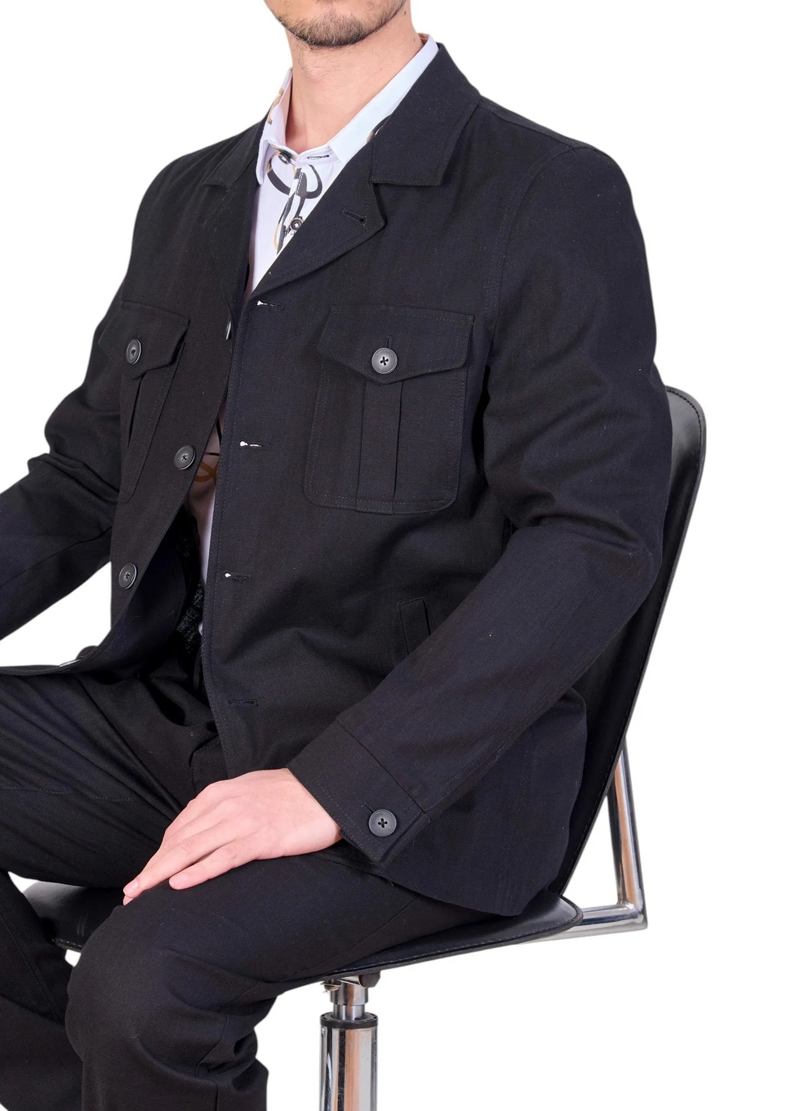 Black Double Pocket Linen Suit