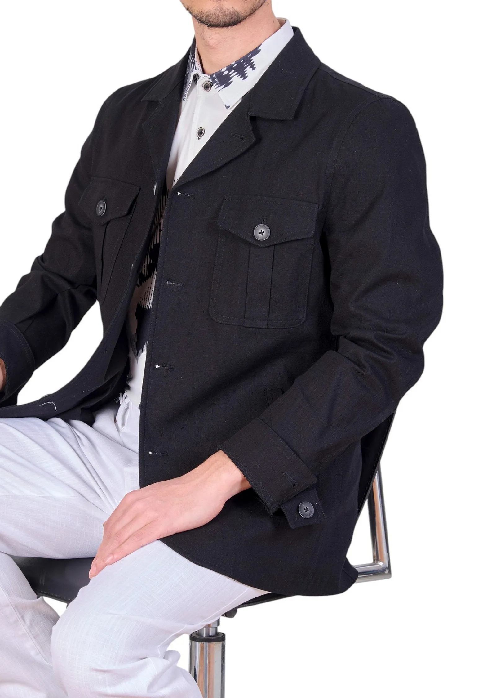 Black Double Pocket Linen Suit