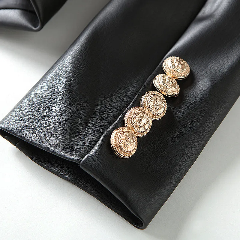Black Leather Double Breasted Gold Button Blazer