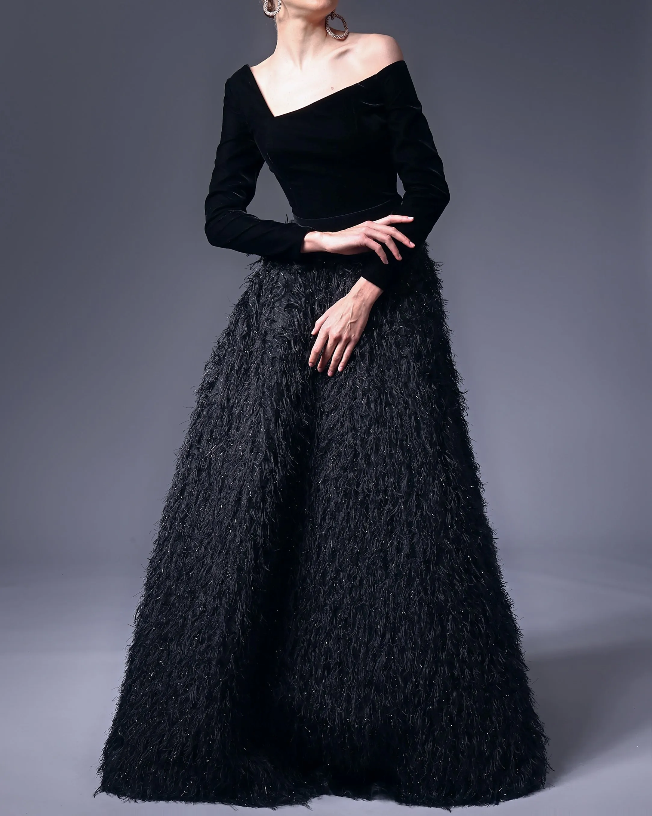 Black Off-the-Shoulder Asymmetrical  Gown